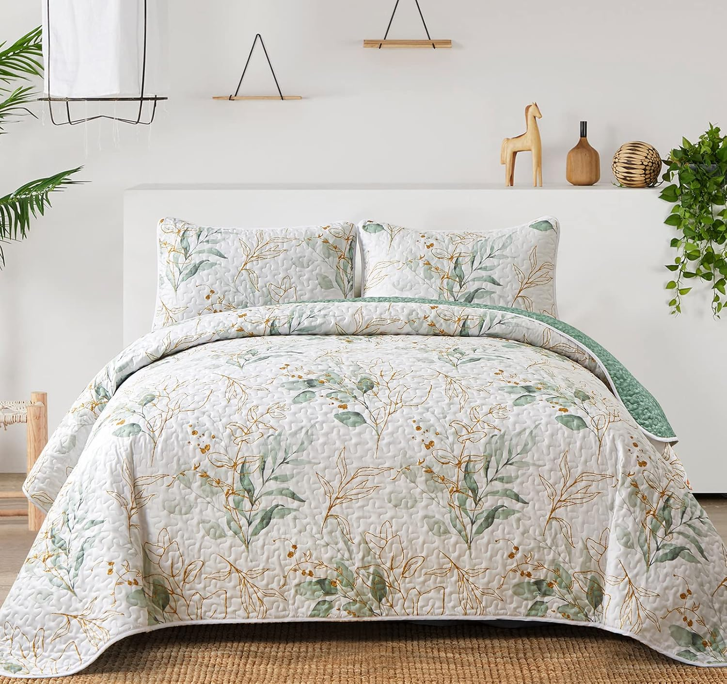 Floral Quilt Queen Size,Green Botanical Queen Quilt 3 Pieces,Reversible Soft Bedspread Queen Size for All-Season(96