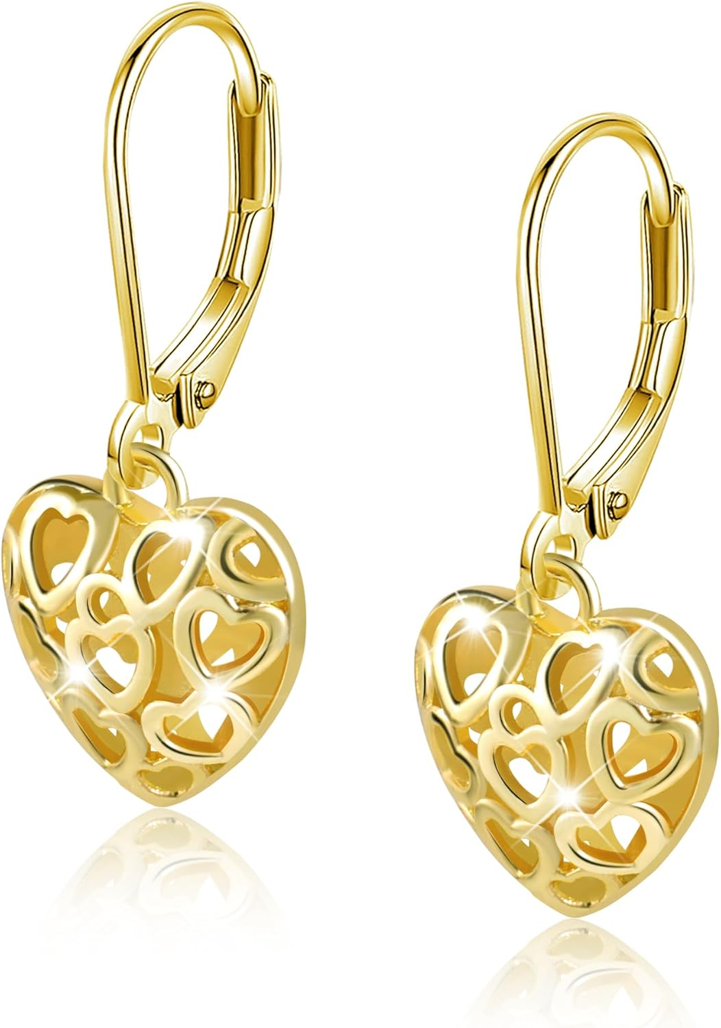 925 Sterling Silver 14K Gold French Style Leverback Earrings Heart Dangle Drop Earrings for Women\