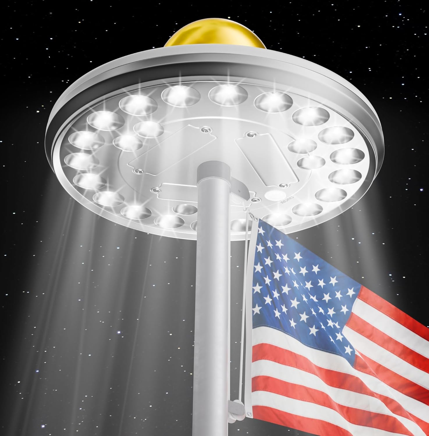Deluxe Solar Powered Flag Pole Light – Outdoor Waterproof LED Lamp, 26 Leds, 1300 Lumens, 100% Coverage for Outdoor American Flags (Silver)