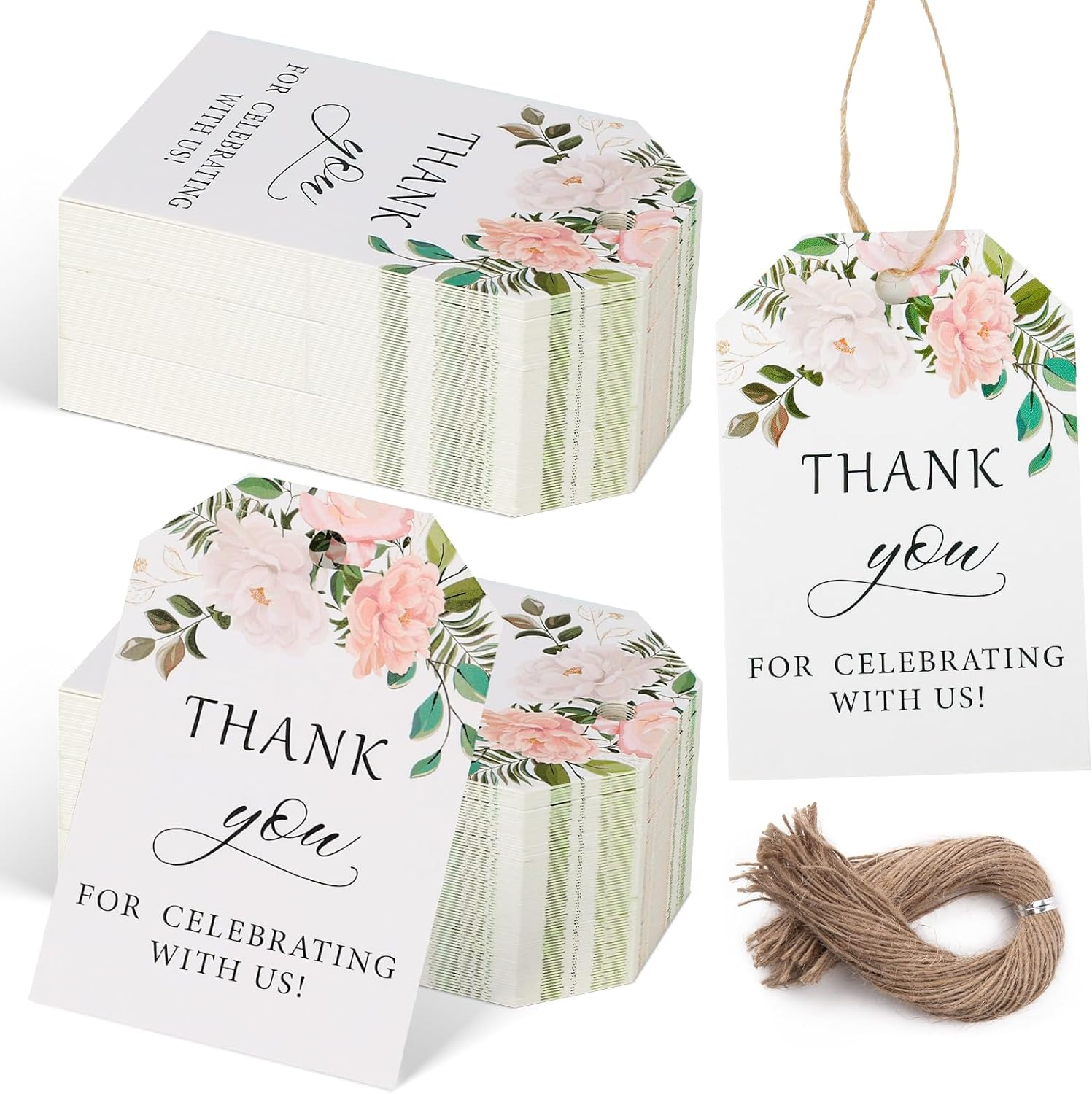 Thank You Gift Tag 75PCS Kraft Paper with String Floral Wedding Birthday Party