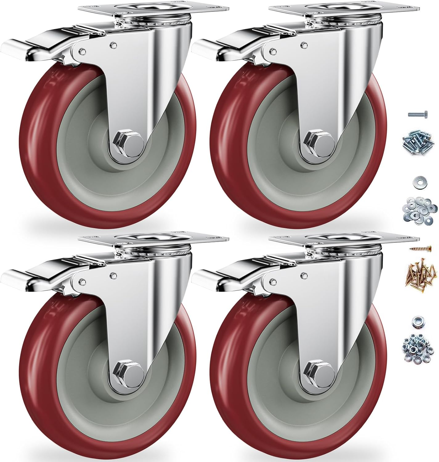 5 Inch Heavy Duty Casters with Brake - Set of 4, 1400Lbs Capacity, Double Ball Bearing Non-Marking Caster Wheels, Plate Mount for Furniture, Cart, Workbench, Tool Cabinet, Garage Storage (4 Pack)