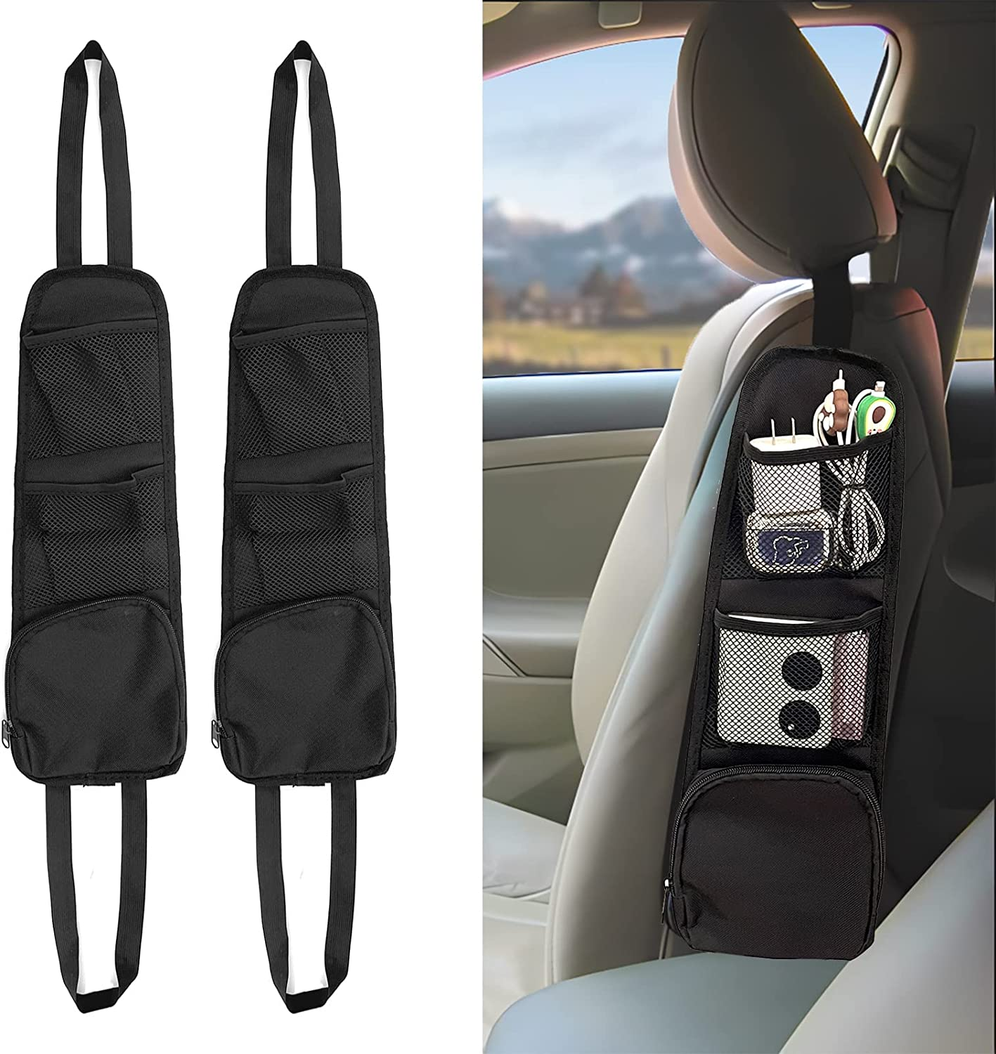 QUICTO 2PCS Car Seat Storage Hanging Bag, Multi-Pocket Seat Side Organizer, Multifunctional Mesh Net Pocket, Can Hold Mobile Phone, Wallet, Glasses, Suitable for Cars, Suvs, Trucks