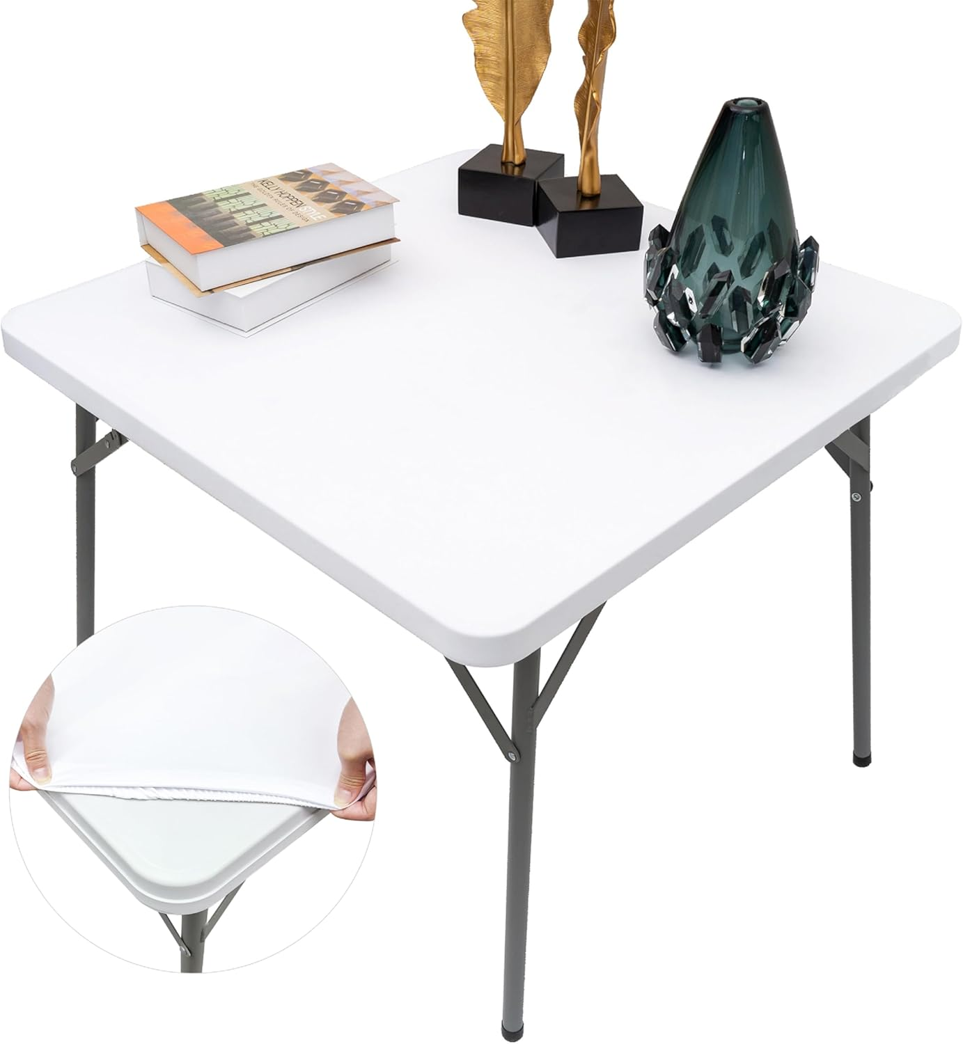 Square Fitted Table Cover White Cocktail Topper Spandex Stretchable Table Top Tablecloth 36 X 36 Inch