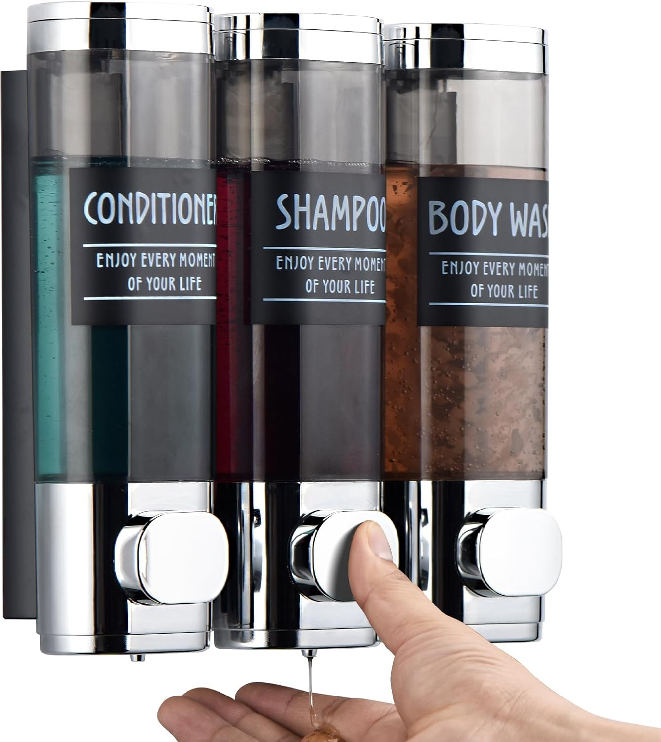 Dispensador champu y acondicionador 3 compartimentos 300ml montado pared cromado