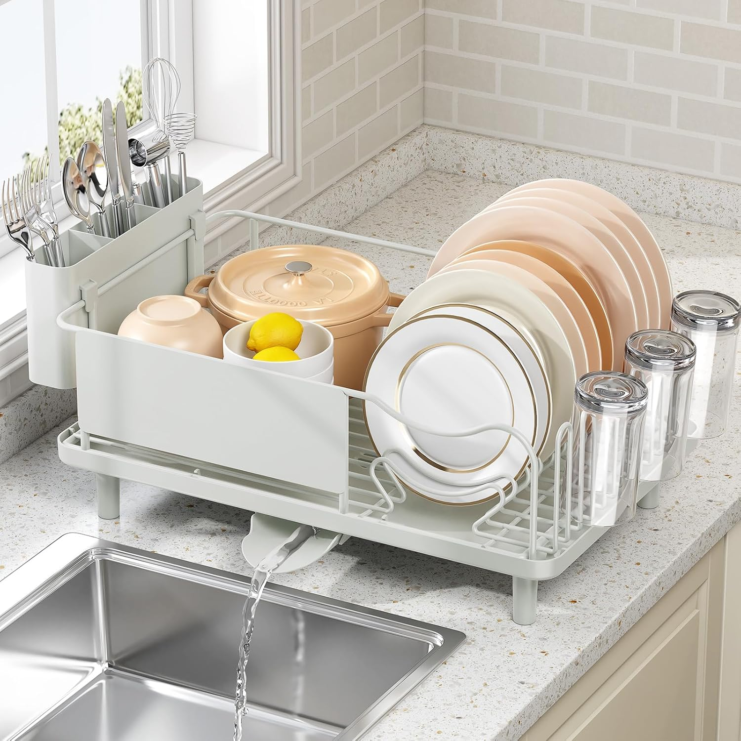 Dish Drying Rack Large Capacity - Stainless Steel Dish Rack for Kitchen Counter with Drain Board, Rustproof Dish Drainer with Auto Drain Spout, Utensil Holder & Glass Holder, Dinnerware Organizer