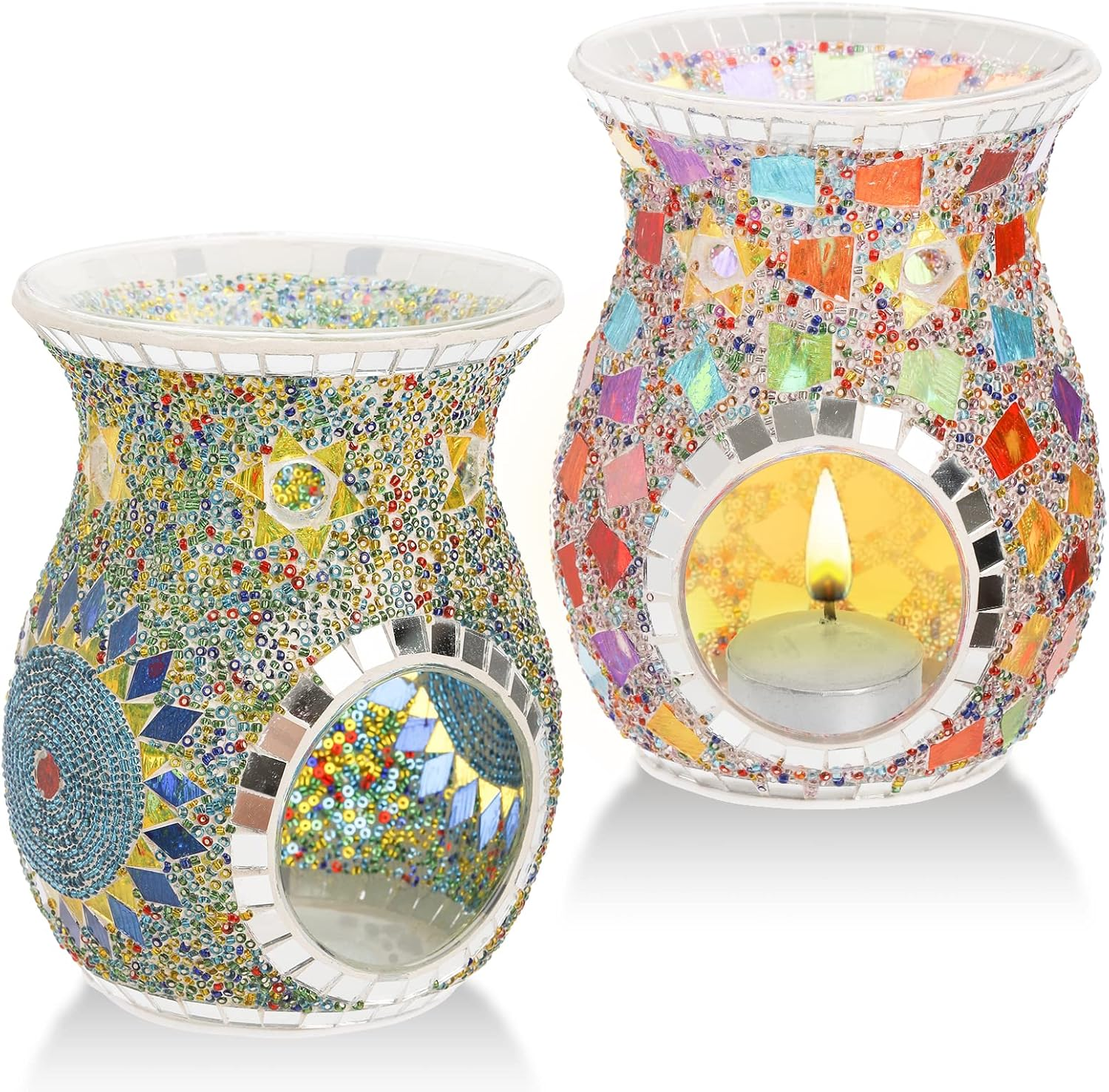 2 Pack Essential Oil Burner, Fragrance Oil Warmer, Decorative Tealight Candle Holder, Incense Aromatherapy Oil Diffuser, Scented Wax Warmer for Gift Home Table Decor, Mosaic Glass