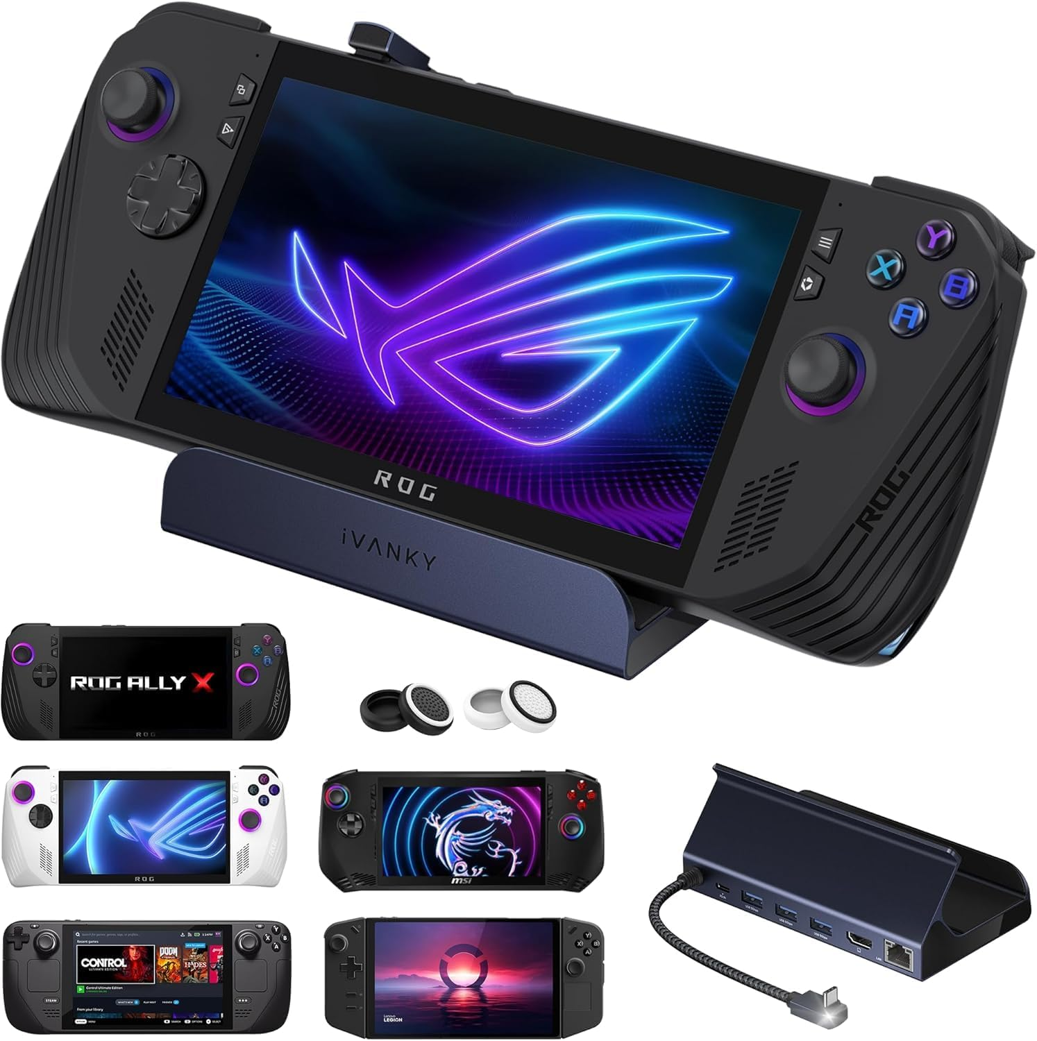 Ivanky 8-In-1 Docking Station 4K@120Hz for ASUS ROG Ally X/Valve Steam Deck Oled/Lenovo Legion Go/Msi Claw, ROG Alloy/Stream Deck Dock Hub with HDMI, 1Gbps Ethernet, 3*USB-A 3.0, 100W USB-C Charge