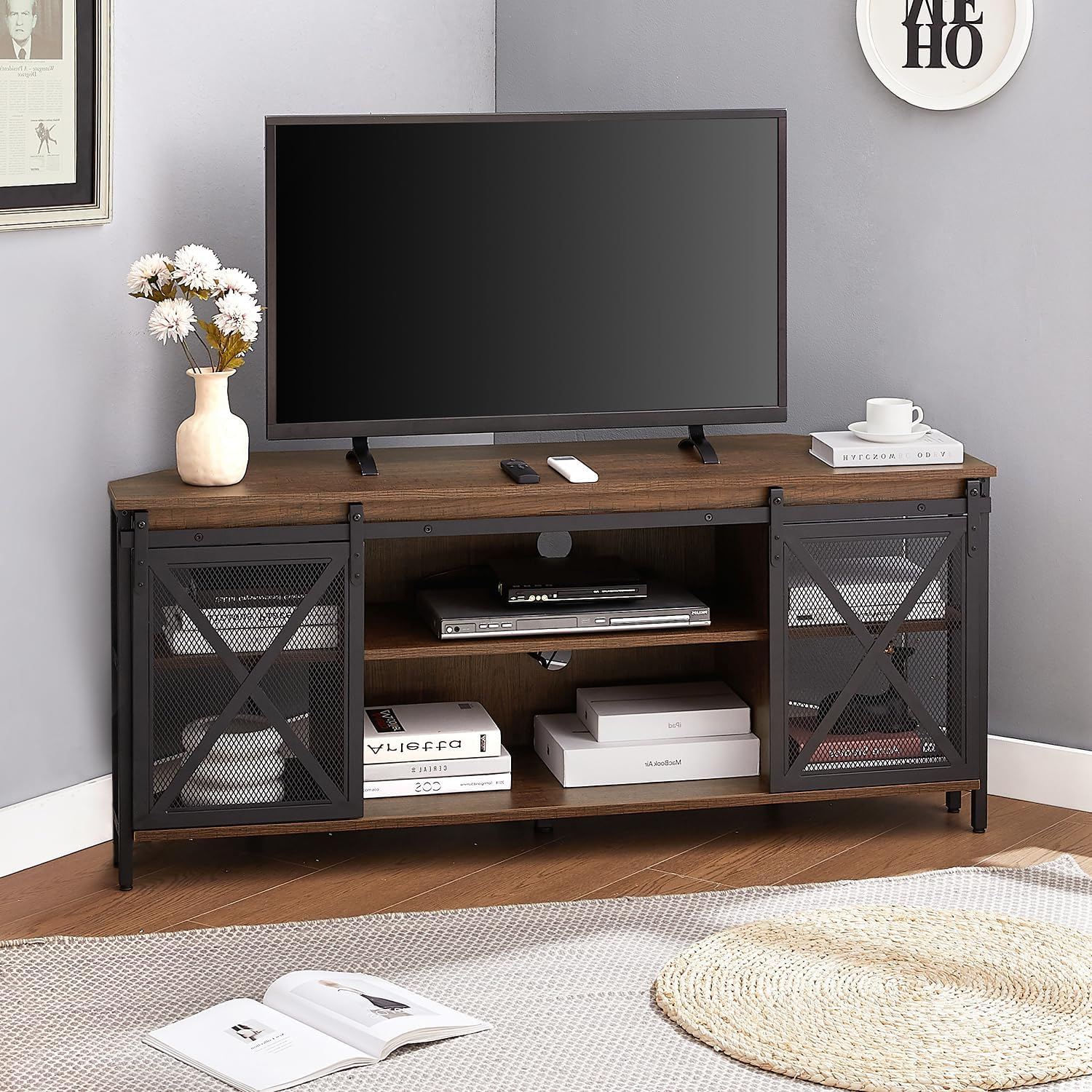 Corner TV Stand for 55 Inch TV, Rustic Corner Entertainment Center with Storage, Industrial Media Console Table with Sliding Barn Door, Entertainment Center for Living Room, Brown
