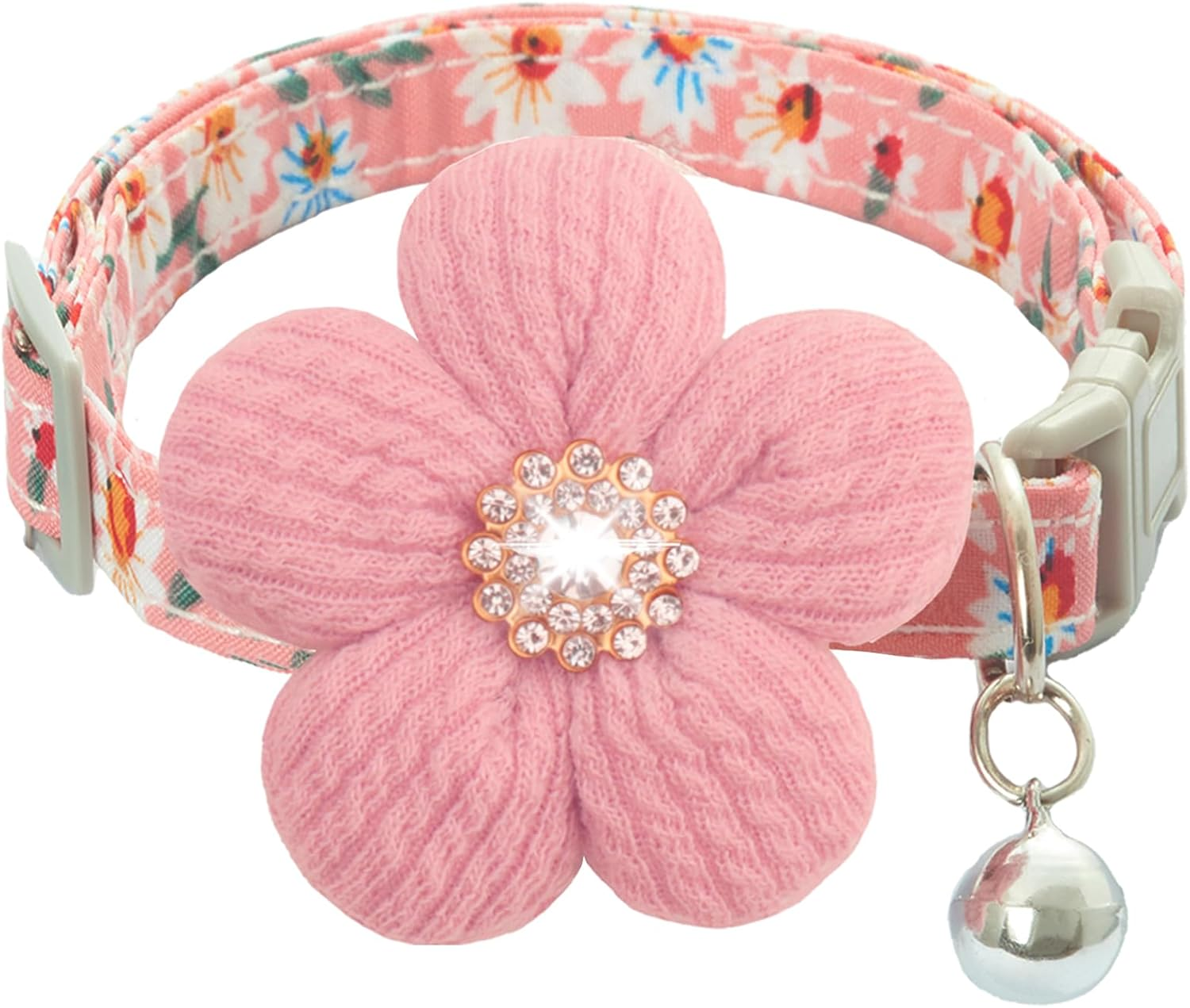 Small Dog Collar with Flower, Puppy Collar for Girl Dog Collars for Small Dogs Cute Dog Collar with Bell, Adjustable Length (Pink)