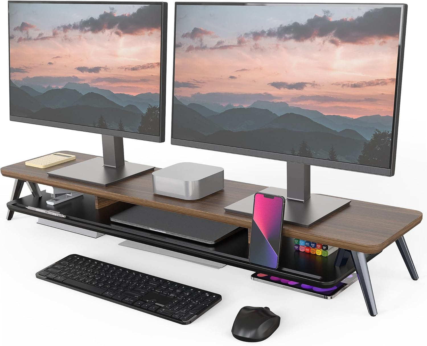 Dual Monitor Stand Riser, Wooden Desk Shelf with 2-Tier Storage