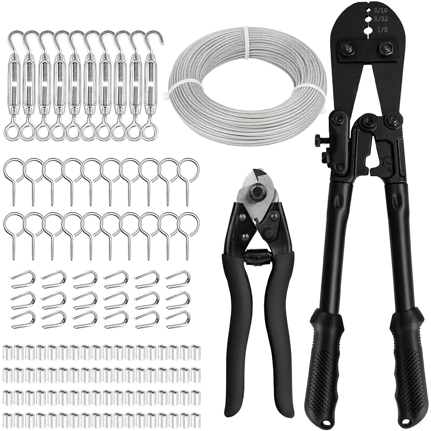 1/8 Stainless Steel Cable Kit, 150Ft 1/8 Wire Rope with Crimping Tool & Cutter, Turnbuckle Wire Tensioner Kit, 7×7 Strands Aircraft Cable for Deck Railing, String Light Hanging, Curtain