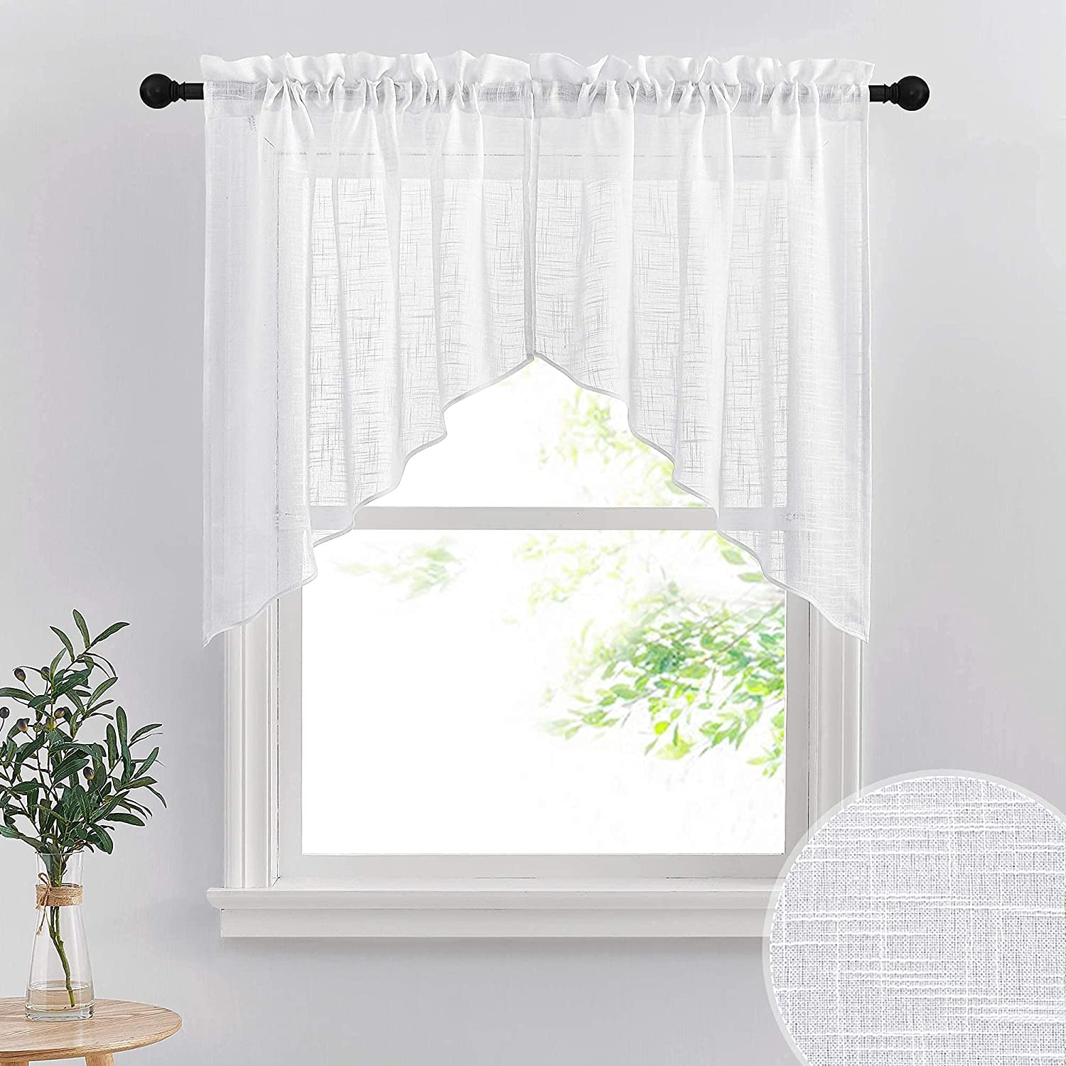 Short Kitchen Valances and Curtain Set, Privacy White Linen Swag Curtains, Semi Sheer Bathroom Tiers for Small Windows, 36 X 36 Inch, 1 Pair