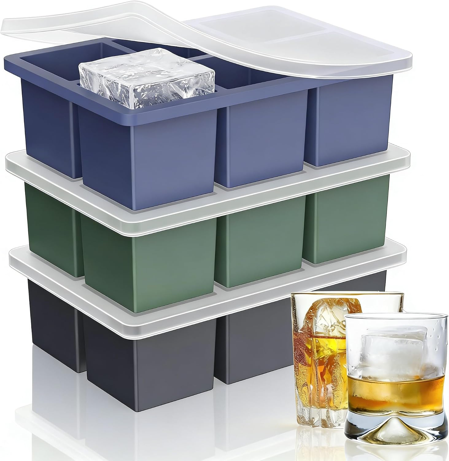 3-Pack Large Ice Cube Tray – Big Whiskey Cube Silicone Trays with Lid, 5Cm Square Old Fashioned Ice Cube Molds for Cocktails, Bpa-Free, Stackable & Dishwasher Safe
