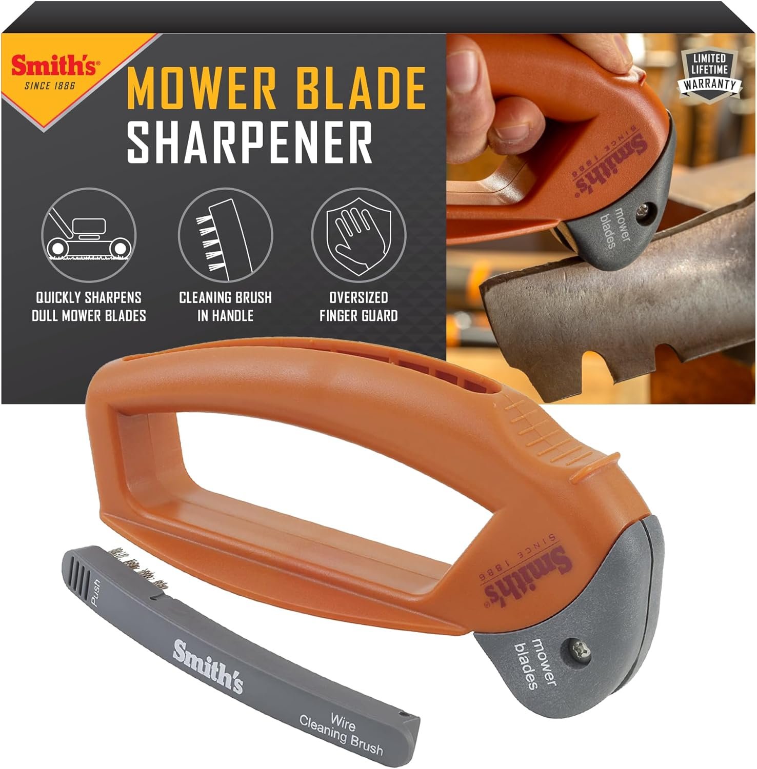 Smith’S 50603 Handheld Lawn Mower Blade Sharpener - Oversized Handle & Large Safety Guard - Durable Plastic - Easy to Use - Wire Cleaning Brush - Preset Carbide Blade - Gardening Lawn Care Tools