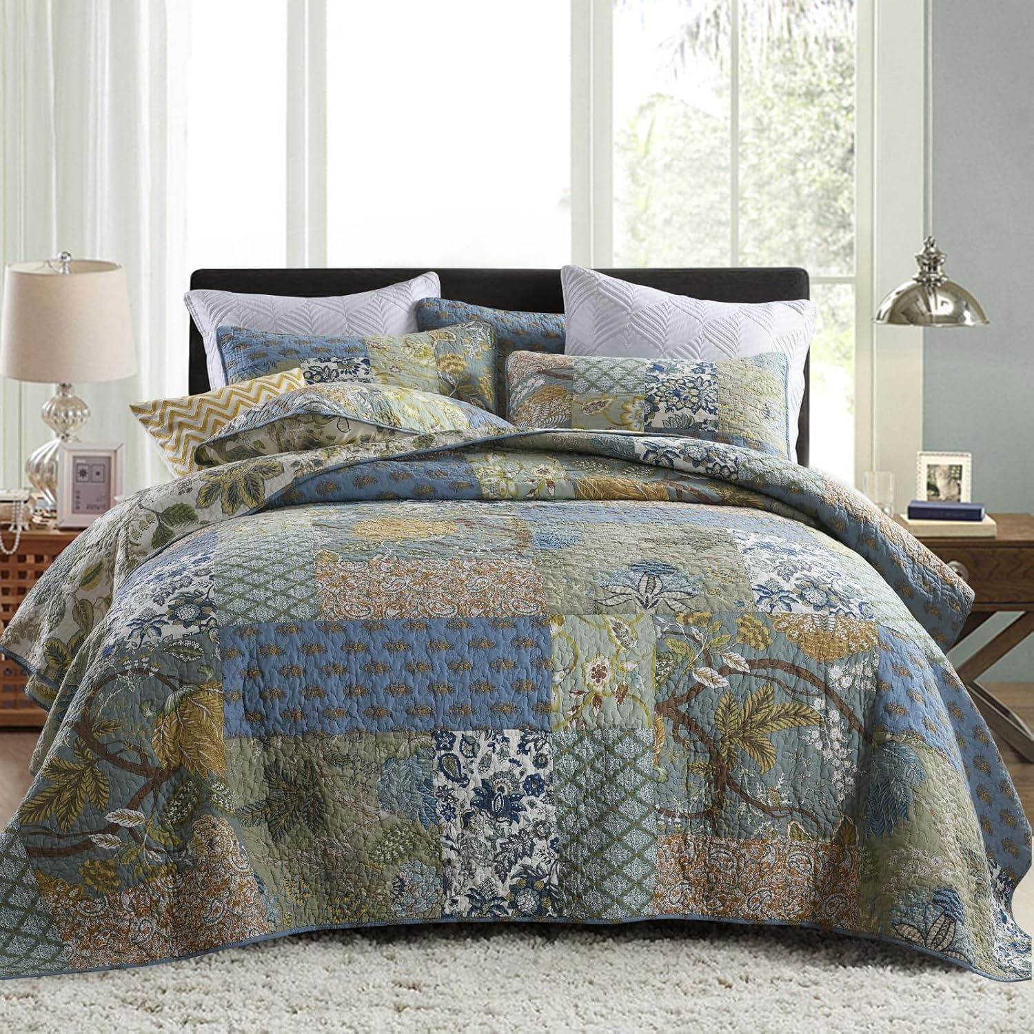 Queen Comforter Set for Bed - 100% Cotton Quilts Queen Size, Green, Sage Bedspreads (90 * 98 Inch) with 2 Pillow Shams, Patchwork Reversible Lightweight Bedding