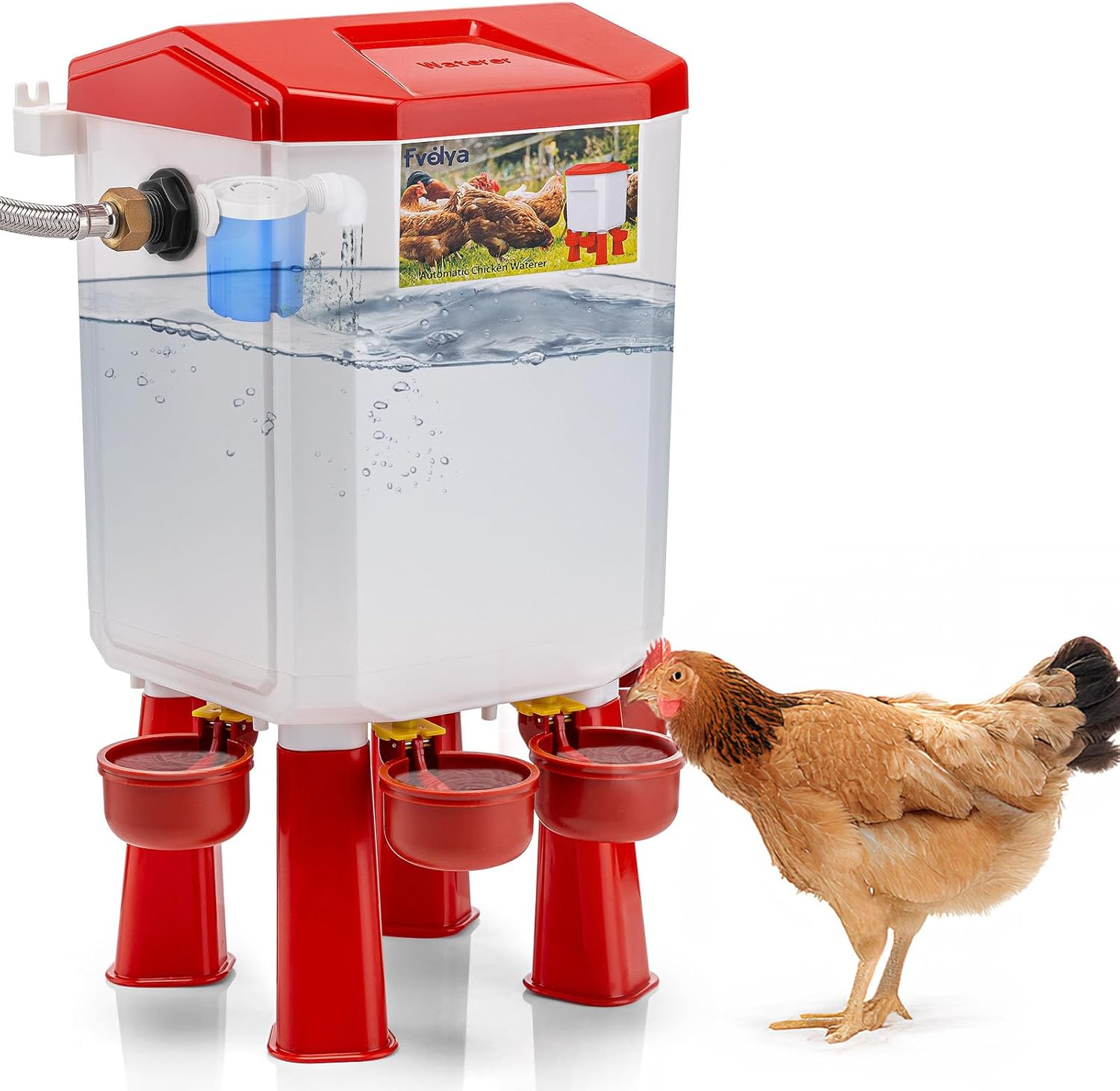 Automatic Chicken Waterer Filtered Float-Controlled Large Chicken Water Feeder Poultry Waterer Kit with Stainless Steel Metal Hose