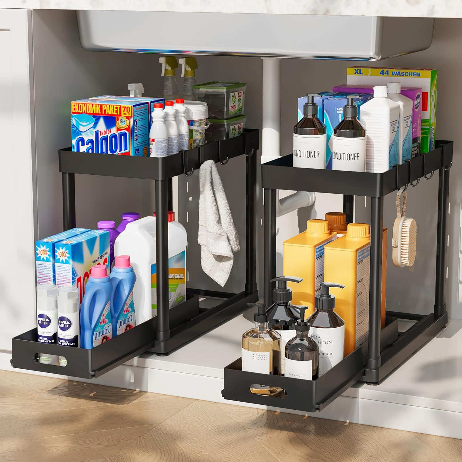 2 Pack Pull-Out Storage Organizers, under Sink Organizer and Storage for Bathroom & Kitchen,Multi-Purpose under Cabinet Organizers and Storage Black