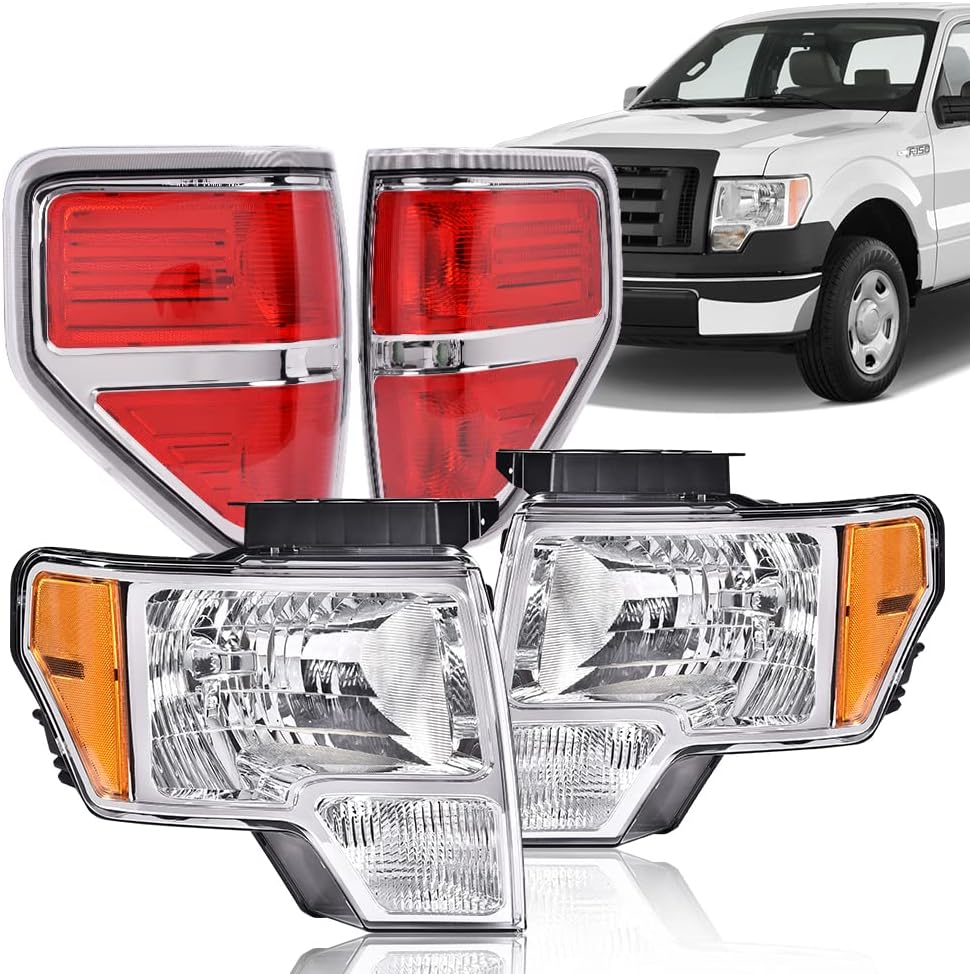 Headlights Tail Lights Assembly, Compatible with 2009-2014 Ford F150 Bumper Headlamps, Smoky Lens Chrome Housing Amber Reflector Rear Brake Lamps,Faros Delanterosbumper Headlamps