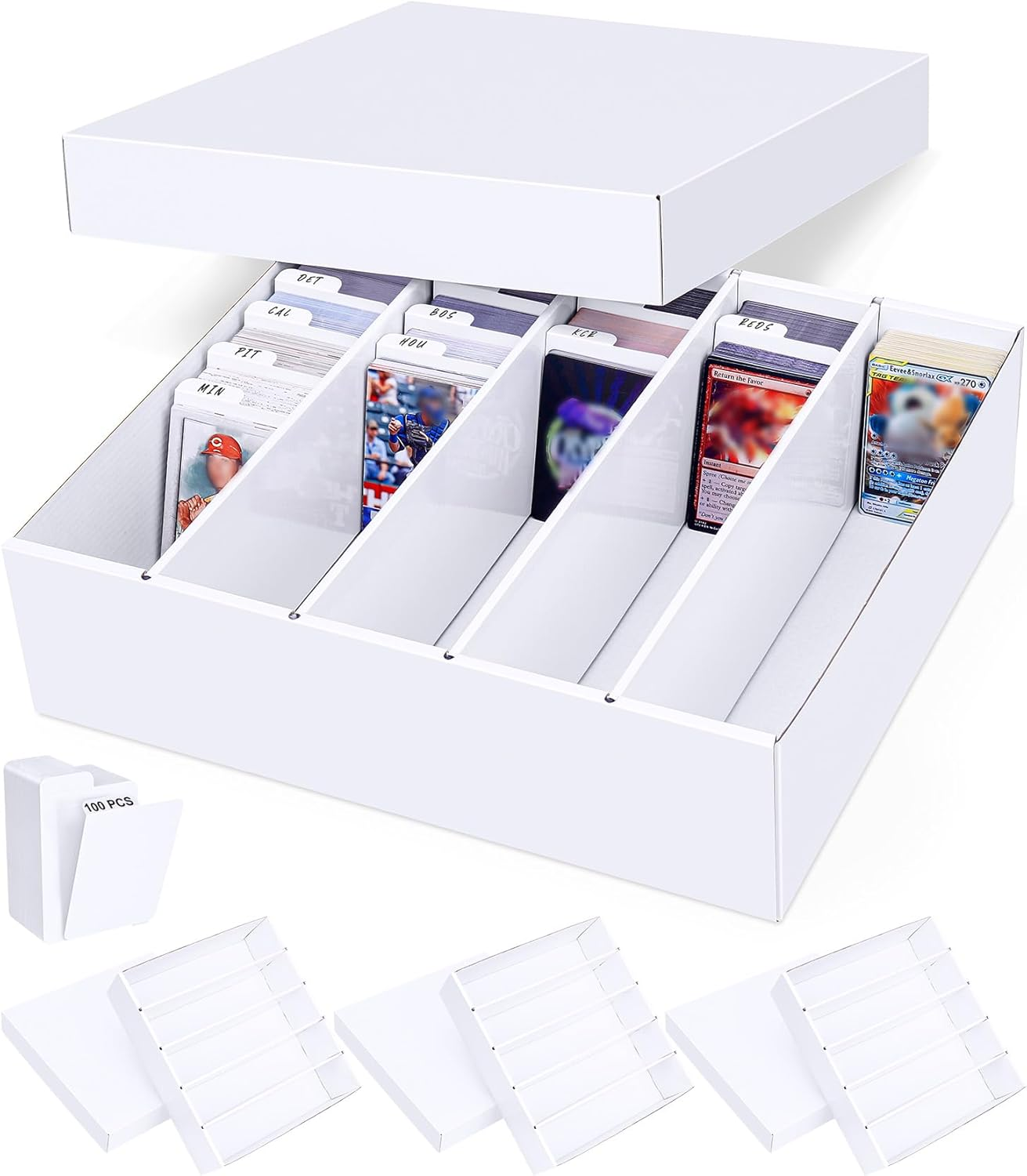 5 Row Trading Card Storage Box, 4 Pack Cardboard Storage Box with Divider for Mtg, Tcg, Sports Cards