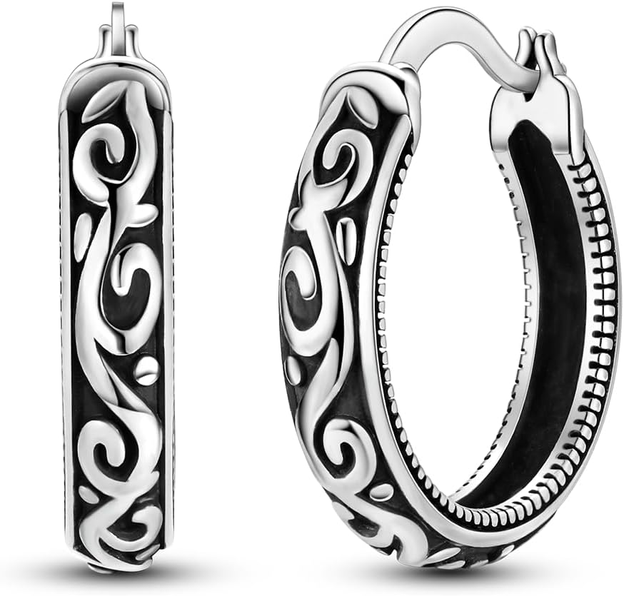 Vintage Filigree 925 Sterling Silver Oval Small Hoop Earrings for Women Fashion Flower Dainty Huggie Hoops Hypoallergenic Trendy Jewelry Birthday Gifts for Her