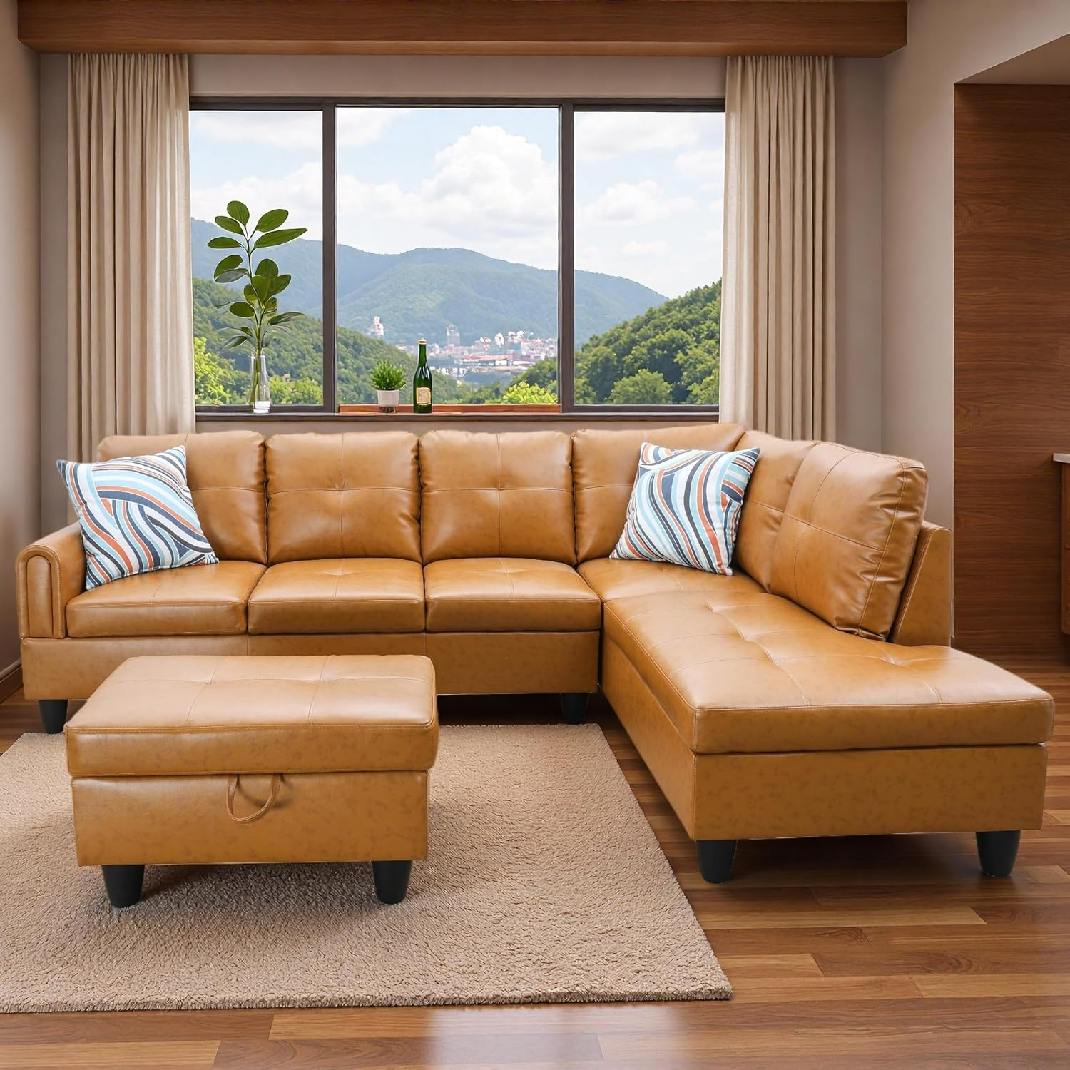 Stylish Orange Leather Sectional Sofa with Movable Chaise & Storage Ottoman