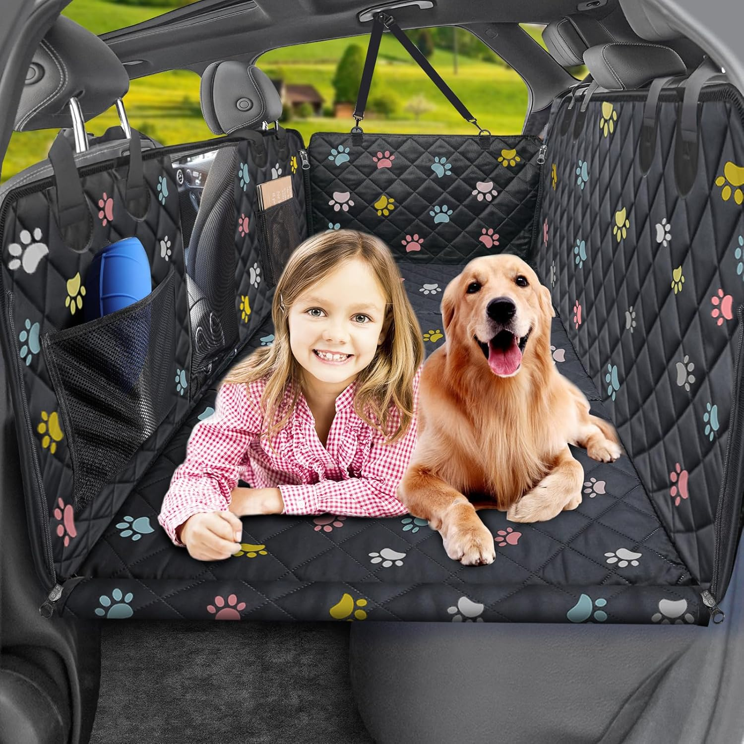 URPOWER Back Seat Extender for Dogs - Hard Bottom Dog Car Seat Cover Holds 400 Lbs, Waterproof Dog Hammock for Cars, Suvs & Small Trucks, Pet Backseat Protector with Mesh Window & Large Space
