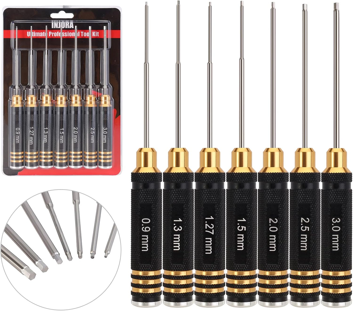 INJORA 7 Pcs RC Hex Screw Driver Set, RC Repair Tools Kit, Allen Wrenches Sets, 0.9, 1.27, 1.3, 1.5, 2.0, 2.5, 3.0 Mm Hexagon Head Screwdriver Wrenches for RC Model Car Drone Boat Helicopter
