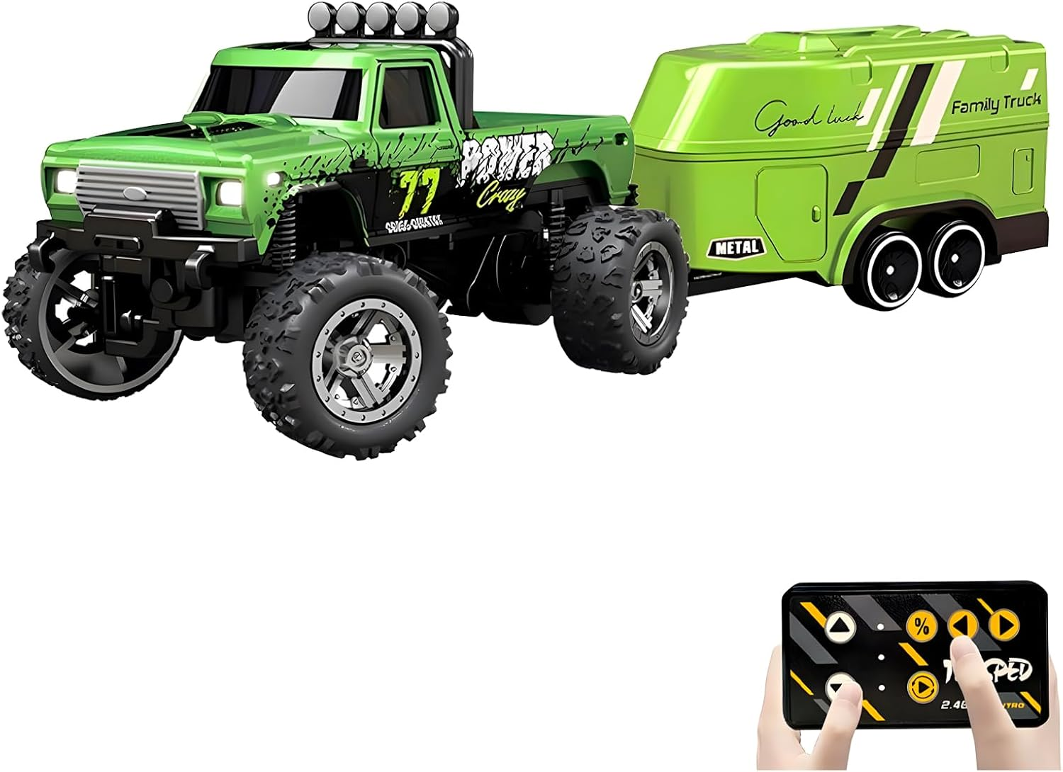 Mini Rc Truck, 1:64 Scale Monster Truck Remote Control Car with Lights, 2.4Ghz Remote Control, Speed/Steering Adjustable (Green)