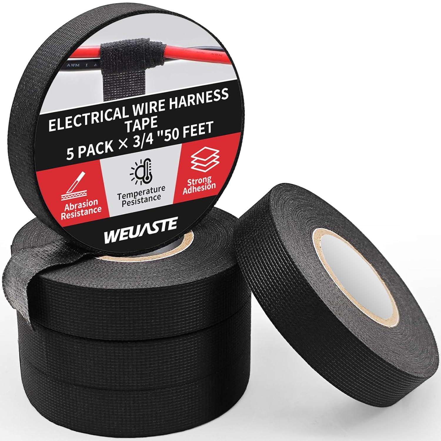 5 Rolls 3/4 Inch X 50 FT Premium Wiring Harness Tape, High Temp Wire Cable Loom Self-Adhesive, Fabric Tape for Electrical Automotive Engine Harness Wrap, Protection Noise Damping Cables Fixed