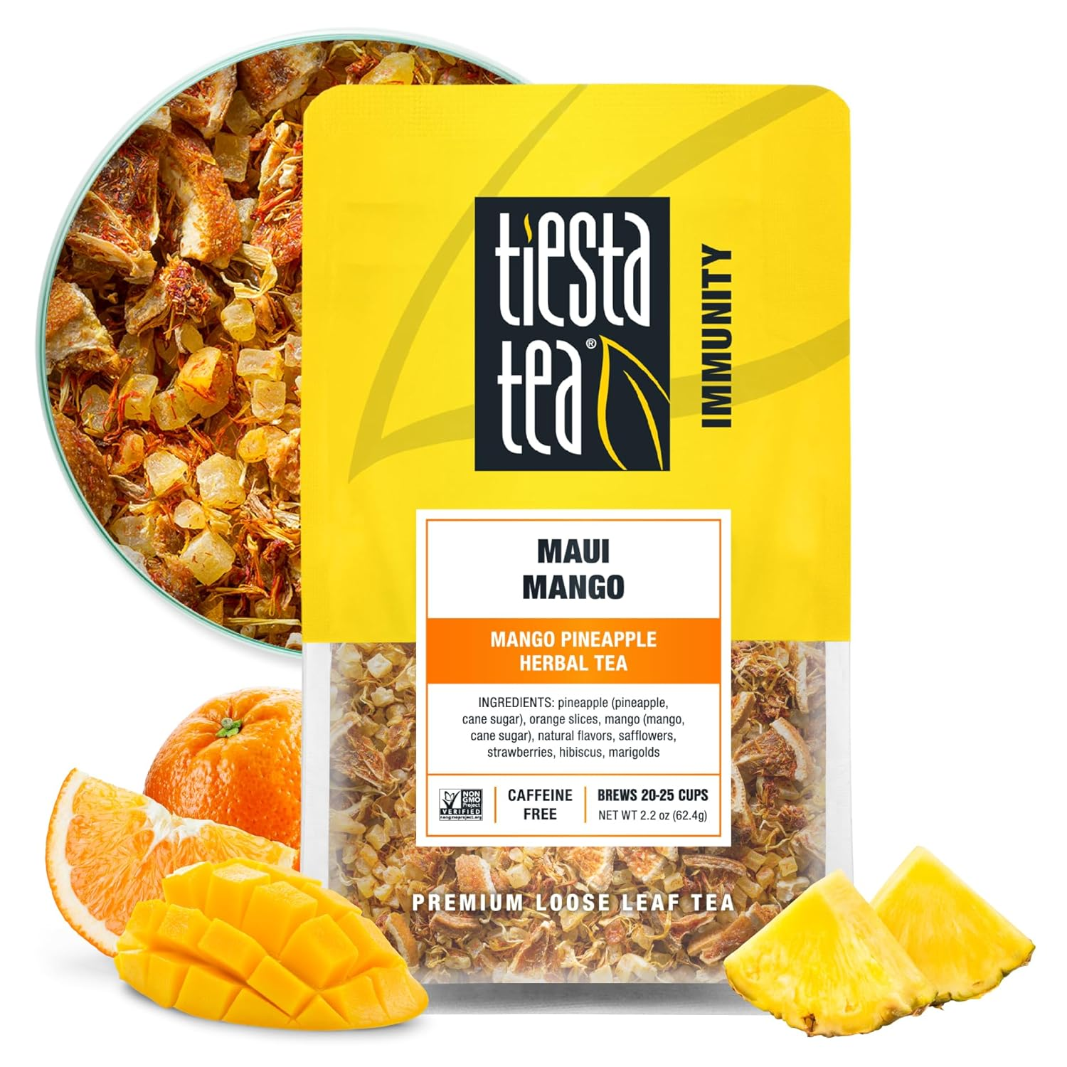 Maui Mango, Loose Leaf, Mango Pineapple Herbal Tea, Premium Non-Caffeinated Fruit Blend, Makes Hot or Iced & Brews up to 25 Cups, 2.2 Ounce Resealable Pouch