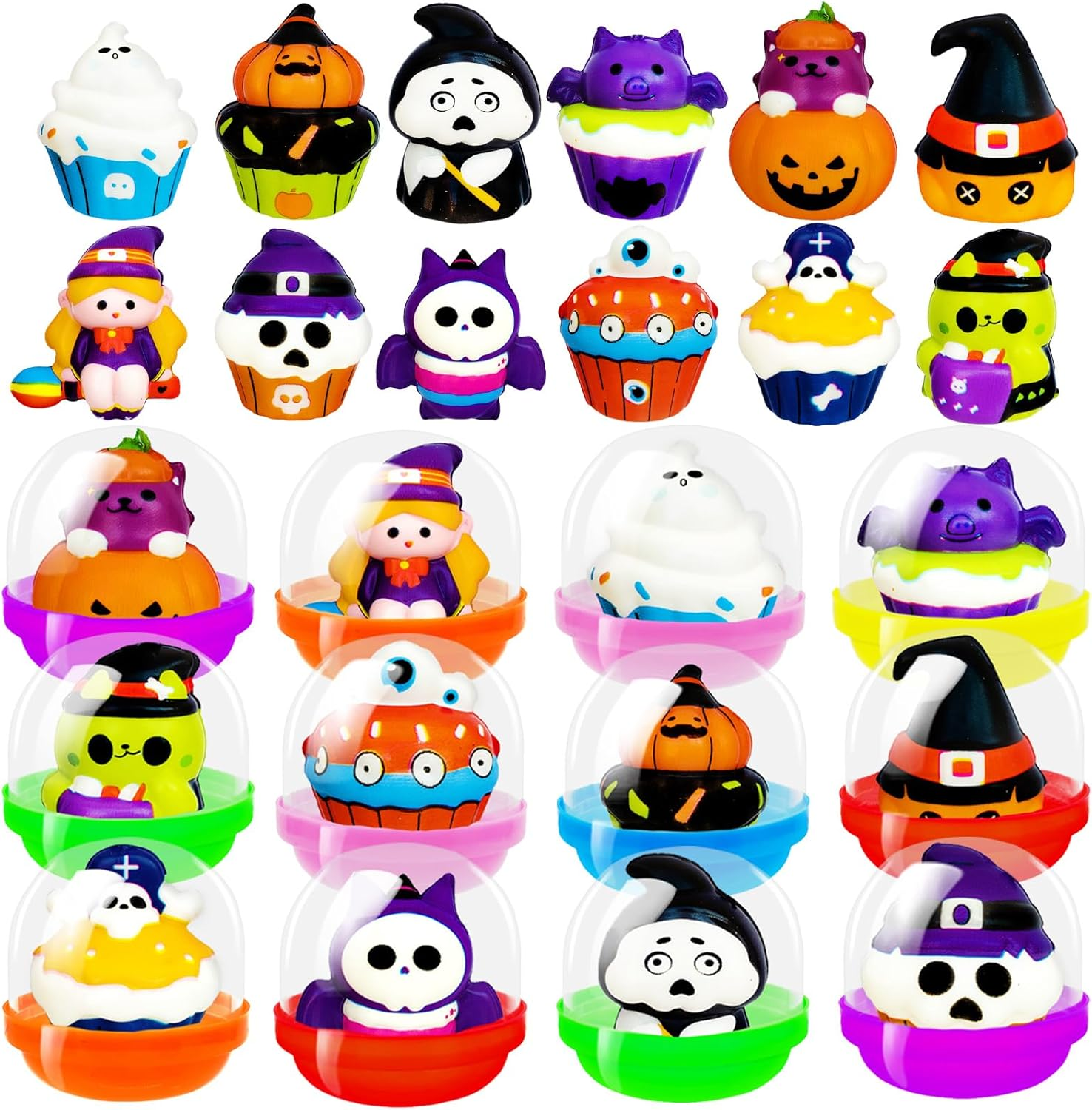 24 Pack Halloween Party Favors Filled with Squishy Toys,Slow Rising Squishy Toy with Fillers,Cute Stress Relief Squeeze Toys for Kids Gifts,Birthday,Class Prizes,Goodie Bags Stuffers