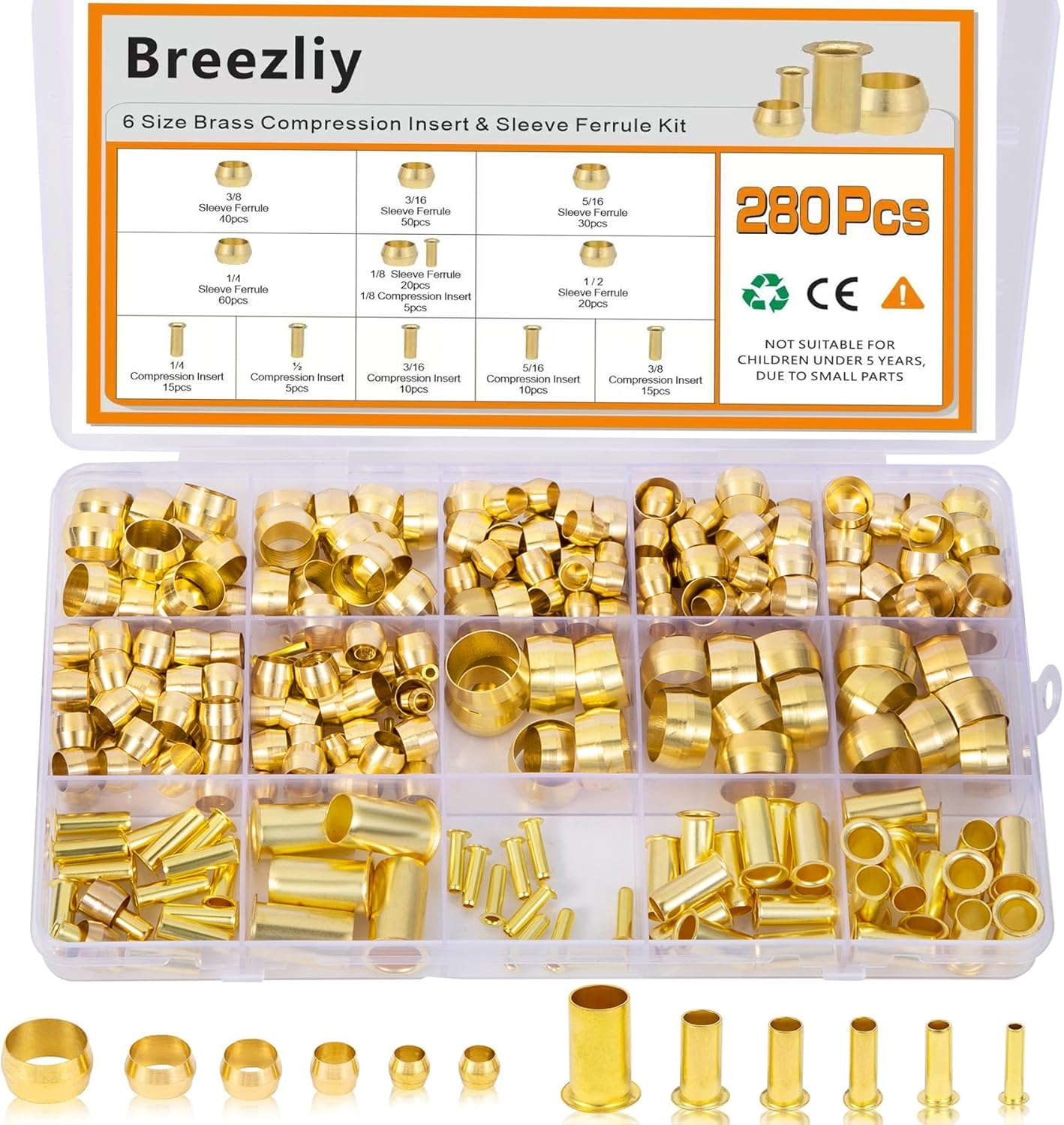 280PCS Compression Fittings Assortment Kit - 6 Sizes Brass Compression Sleeve Ferrule & Insert, Connect for Air, Water, Fuel, Oil and Inert Gases