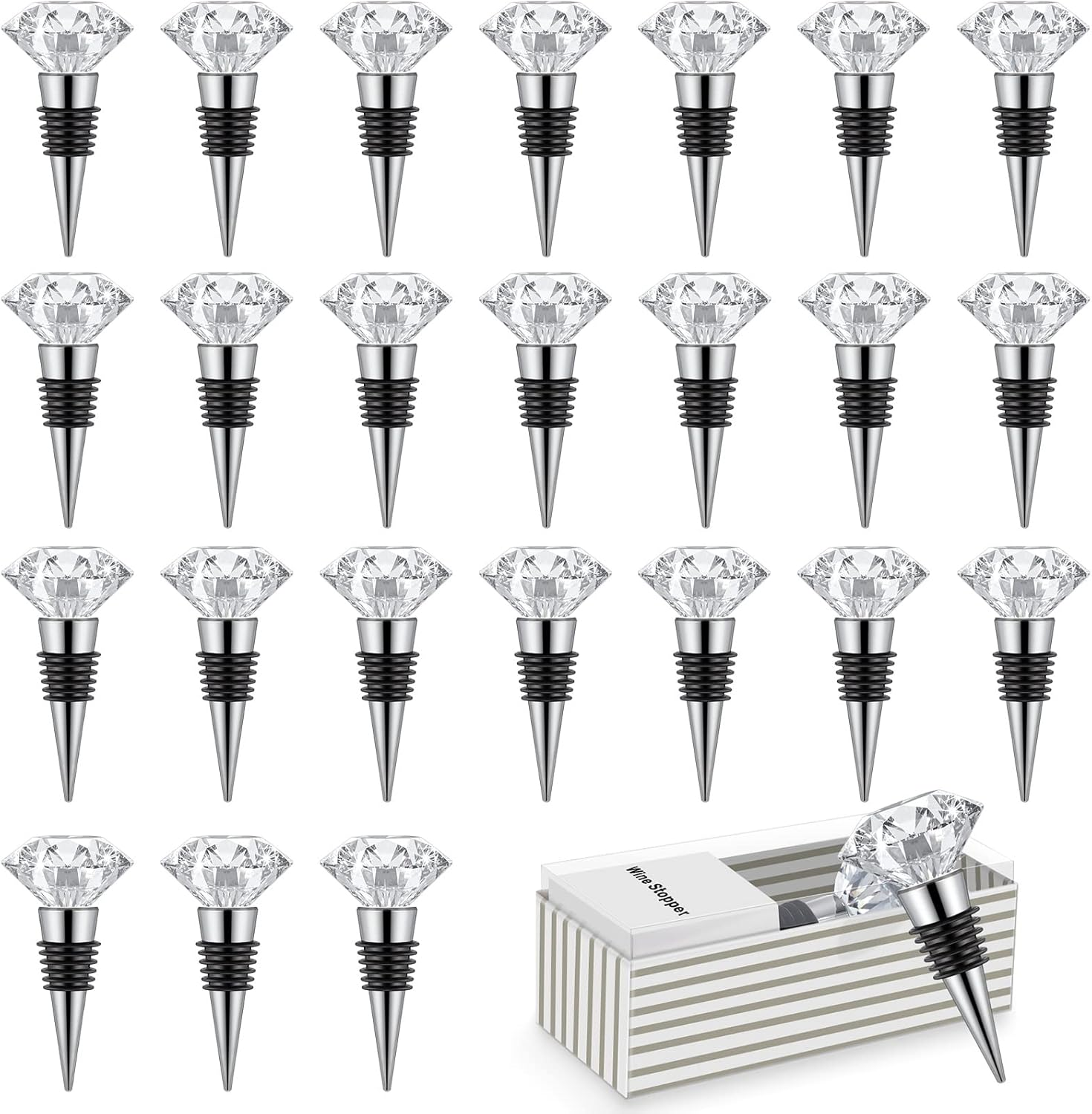 Crystal Wine Bottle Stopper Wine Stoppers Reusable Diamond Plug Beverage Corks Decorative Stopper Kits with Individual Present Box for Parties Wedding(24 Pieces)