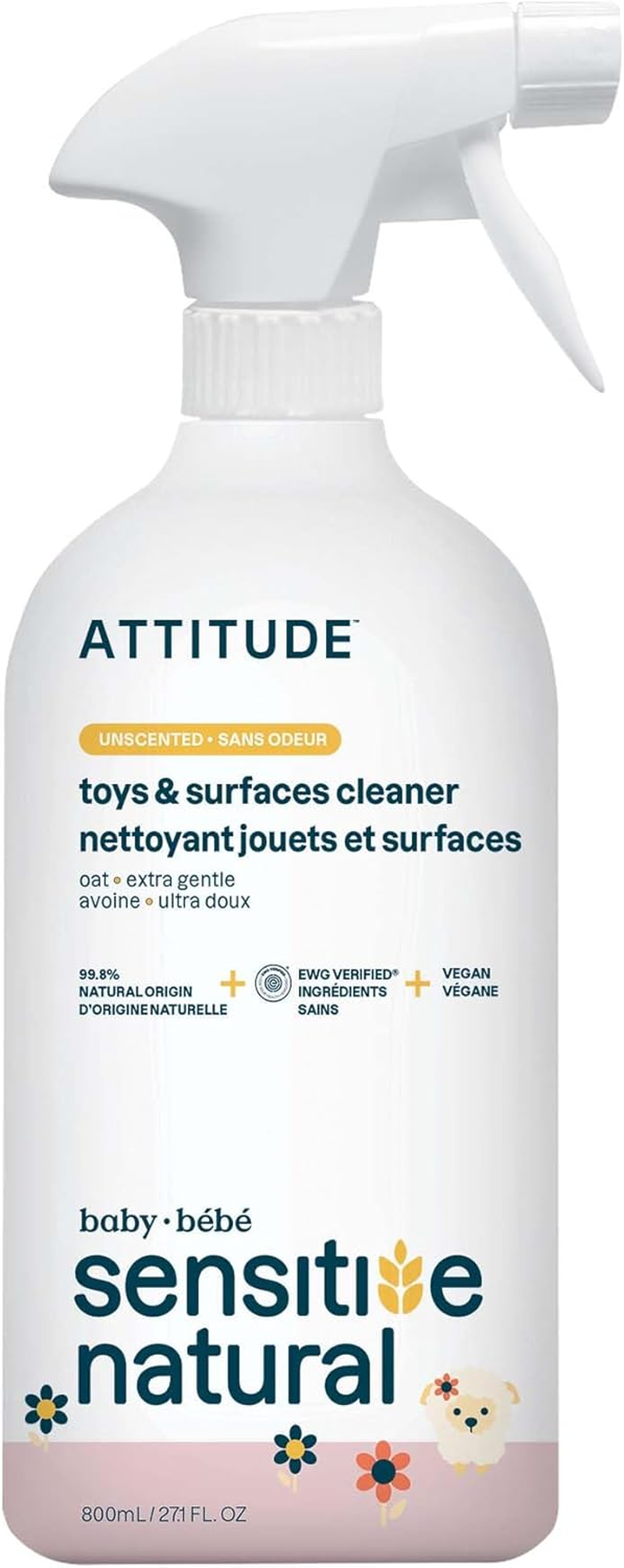 Toy and Hard Surface Cleaner, Plant and Mineral Based Ingredients, Vegan, Baby and Kids Household Products, Sensitive Skin, Unscented, 27.1 Fl Oz