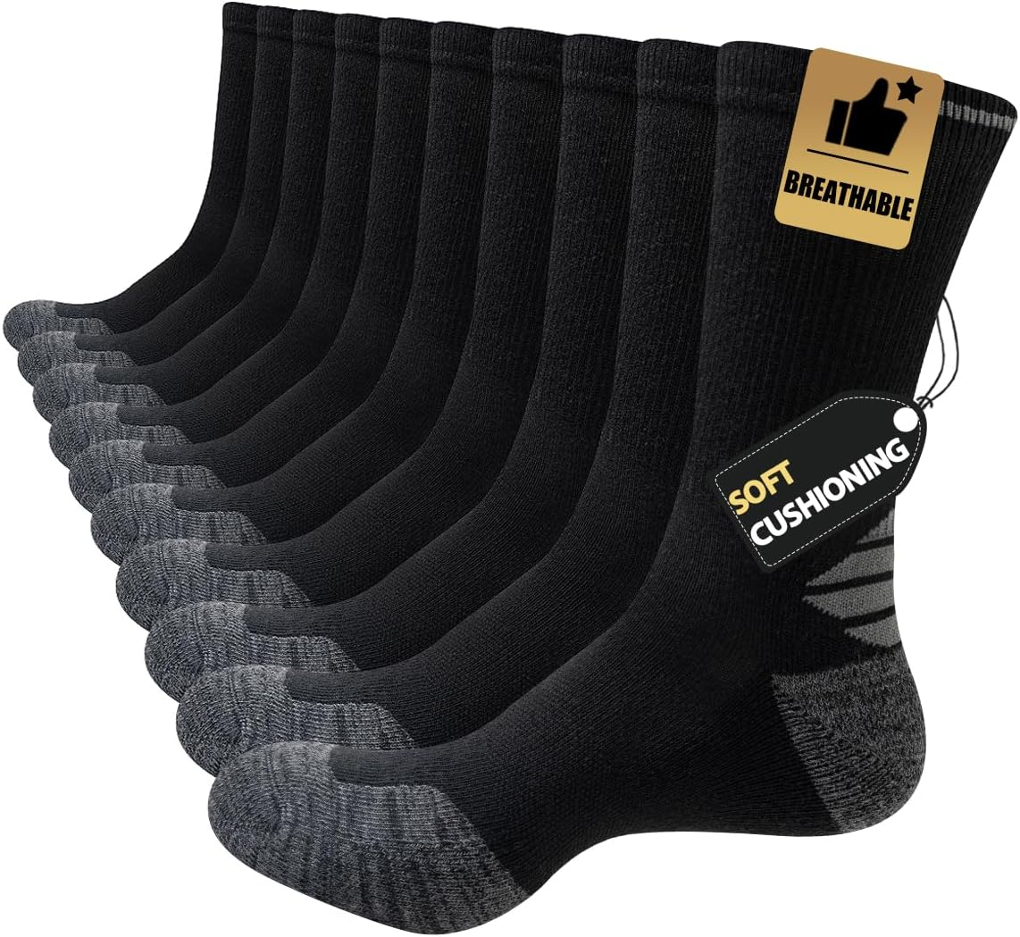 JOYNÉE 5/10 Pairs Mens Lightweight Long Cushion Work Socks Casual Breathable Crew Athletic Socks for Workout Sports