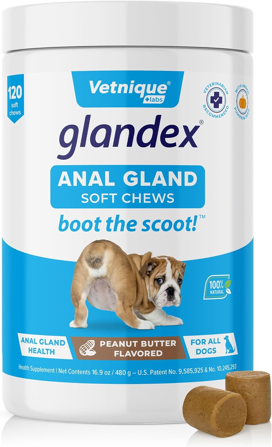 Vetnique Glandex Anal Gland Soft Chew Treats with Pumpkin for Dogs Digestive Enzymes, Probiotics Fiber Supplement for Dogs Boot the Scoot (Peanut Butter Chews, 120 Count)