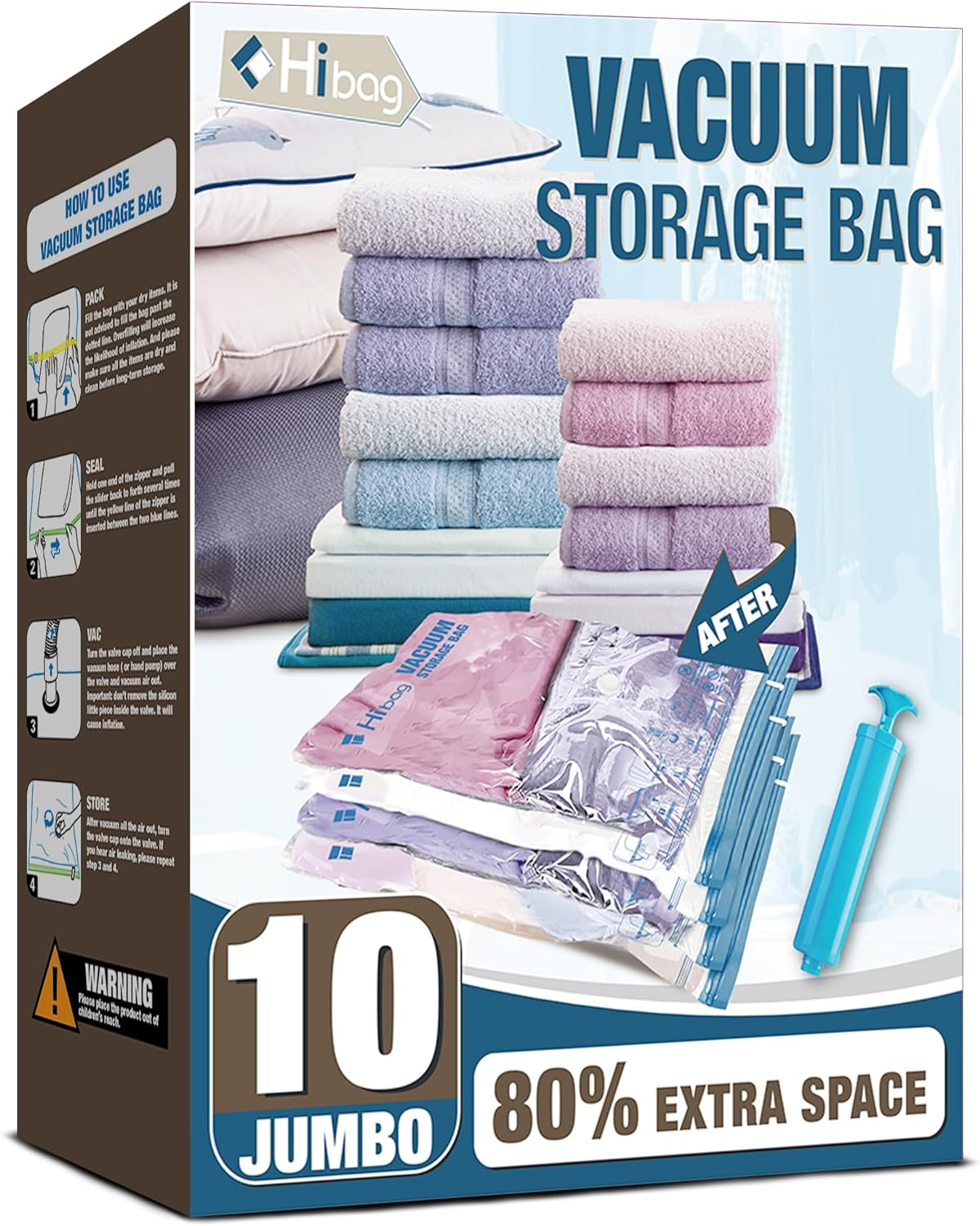 Vacuum Storage Bags, 10 Jumbo Space Saver Vacuum Seal Bags, Space Bags, Vacuum Sealer Bags for Clothes, Comforters, Blankets, Bedding (10J)
