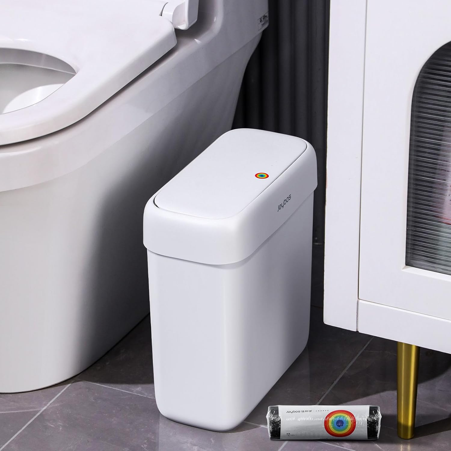 Bathroom Trash Can with Lid,3 Gallon Small Garbage Can with Press Top Lid,10L Dogproof Slim Plastic Narrow Trash Bin for Toilet, Office, Bedroom, Living Room, Grey