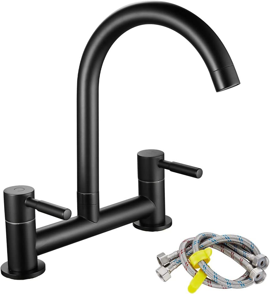 Kitchen Sink Mixer Tap, Dual Lever Bridge Kitchen Sink Tap, Brass, Black |