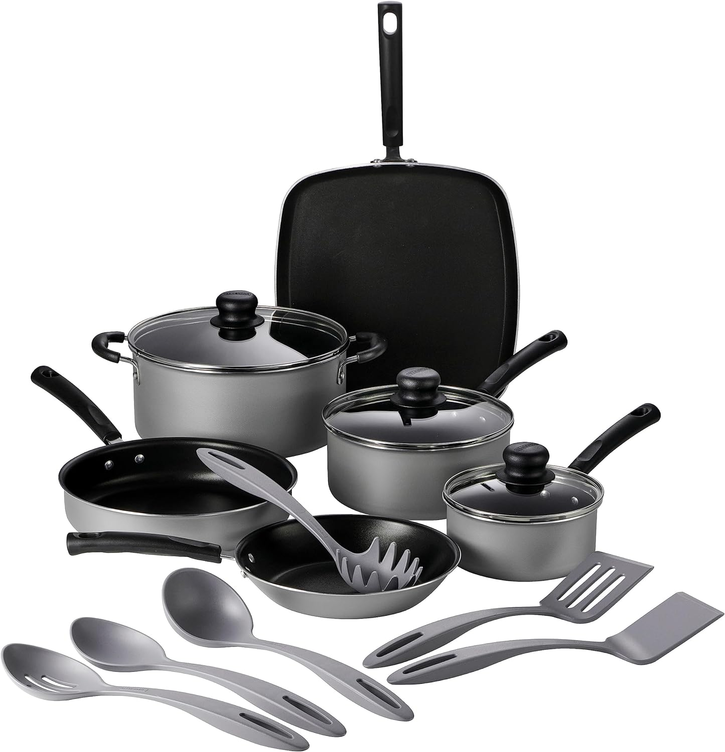 Primaware 15-Piece Non Stick Cookware Set with Lids and Utensils, Aluminum Nonstick Pots and Pans Kitchen Set (Silver)