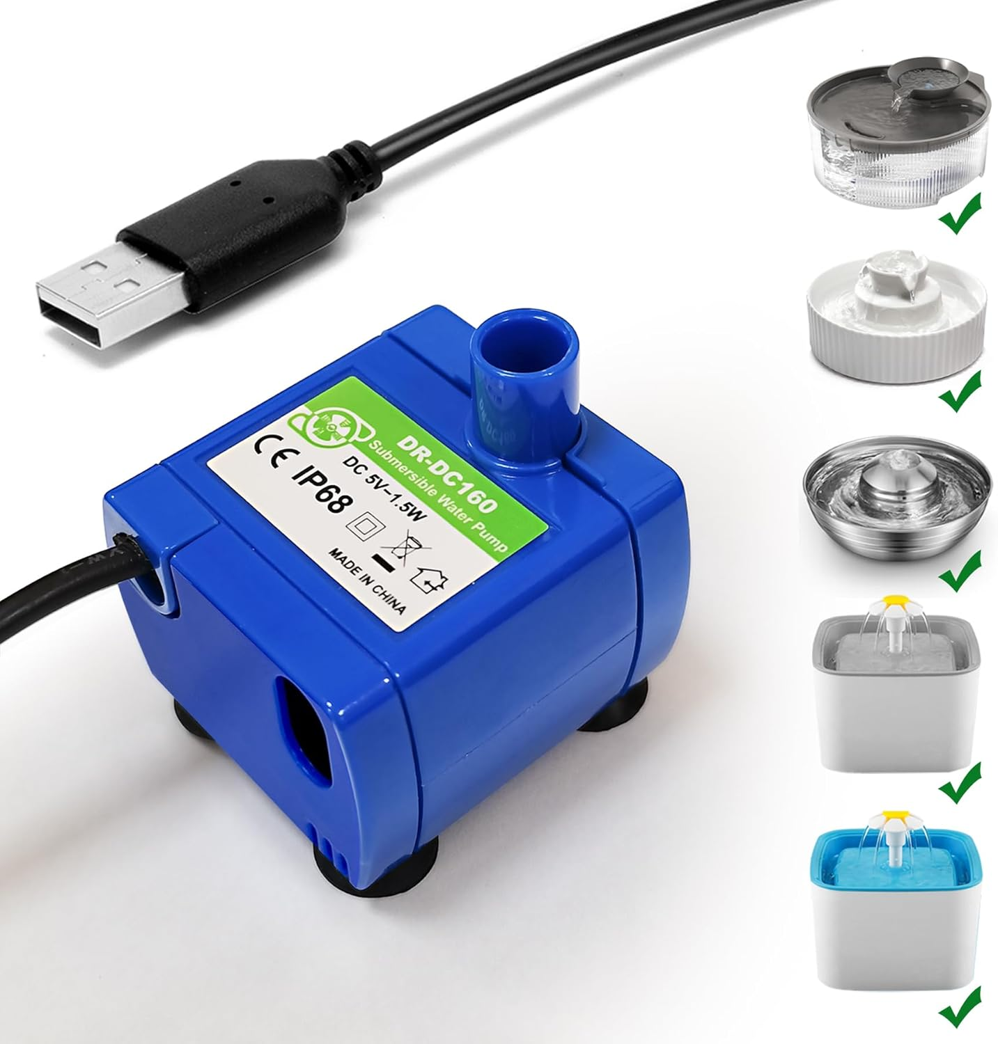 Cat Water Fountain Pump,Pet Fountain Pump No LED Light Replacement Pump DR-DC160 Motor for 360°Stainless Steel Cat Fountain and Cupcake Ceramic Cat Drinking Fountain(Dr-Dc160)