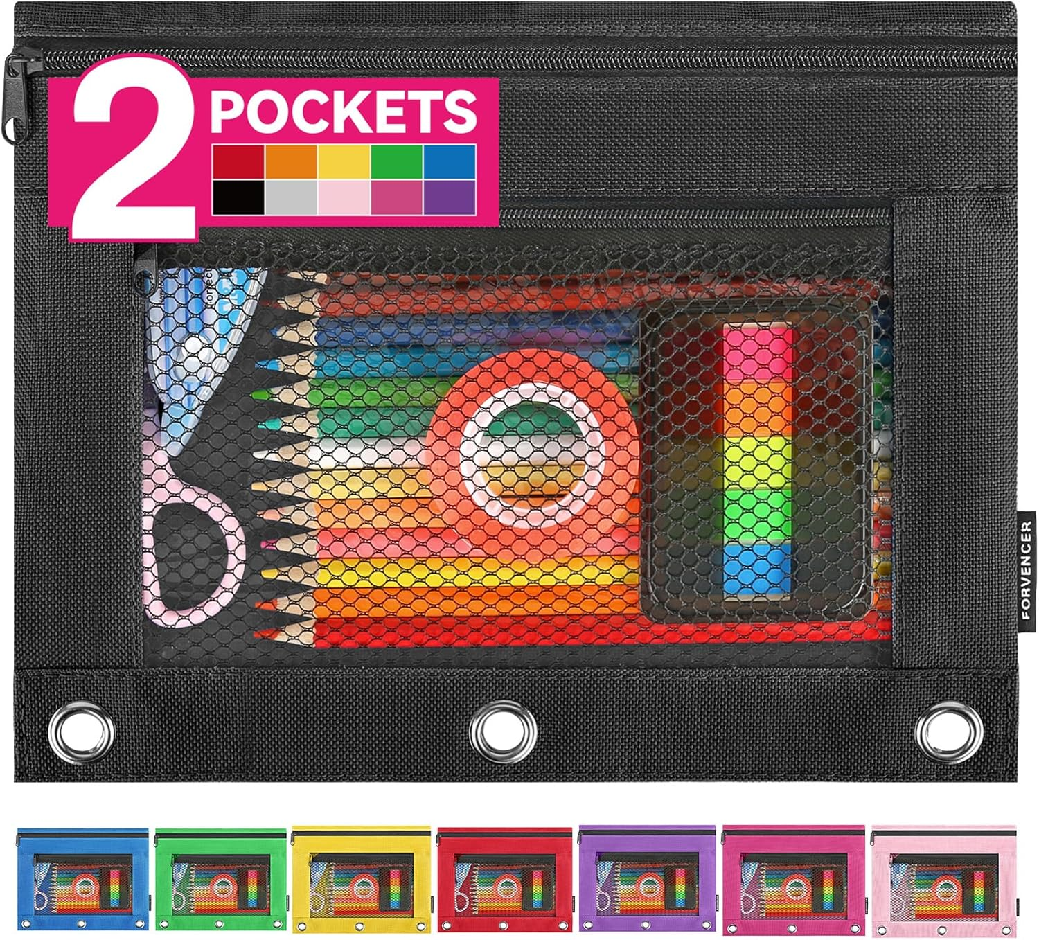 Pencil Pouch for 3 Ring Binder, Clear Pencil Case Bag with Smooth Zipper, Pen Organizer for Girls Boys Kids, School Supplies, Back to College Stationery, Black