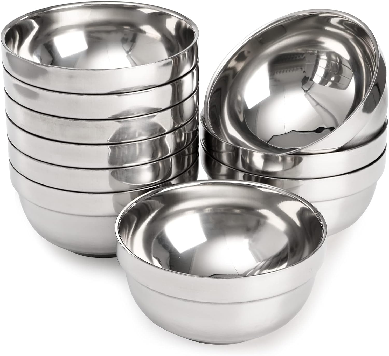 10 Pack Stainless Steel Bowls 5 Inch Snacks Bowl, 15 Oz Soup Bowl Lightweight Salad Bowls Double-Walled Metal Serving Dishes for Sauces, Rice, Noodle, Ice Cream