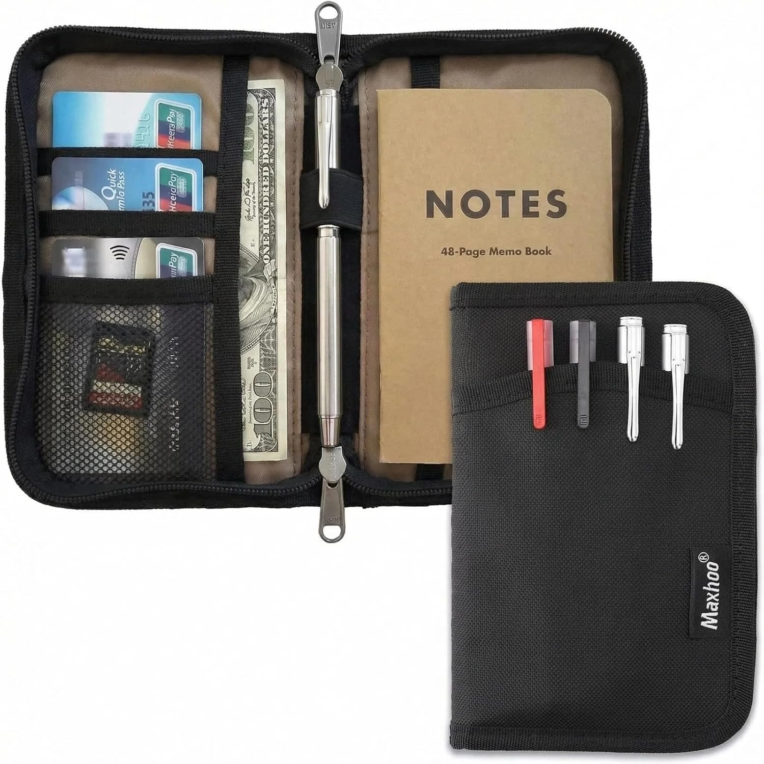 Journal Cover for Field Notes Notebooks, Pocket Notebook Cover for Moleskine Cahier 3.5 X 5.5, Journal Notebook Planner Sketchbook Cover with Zipper Pen Holder (Black)