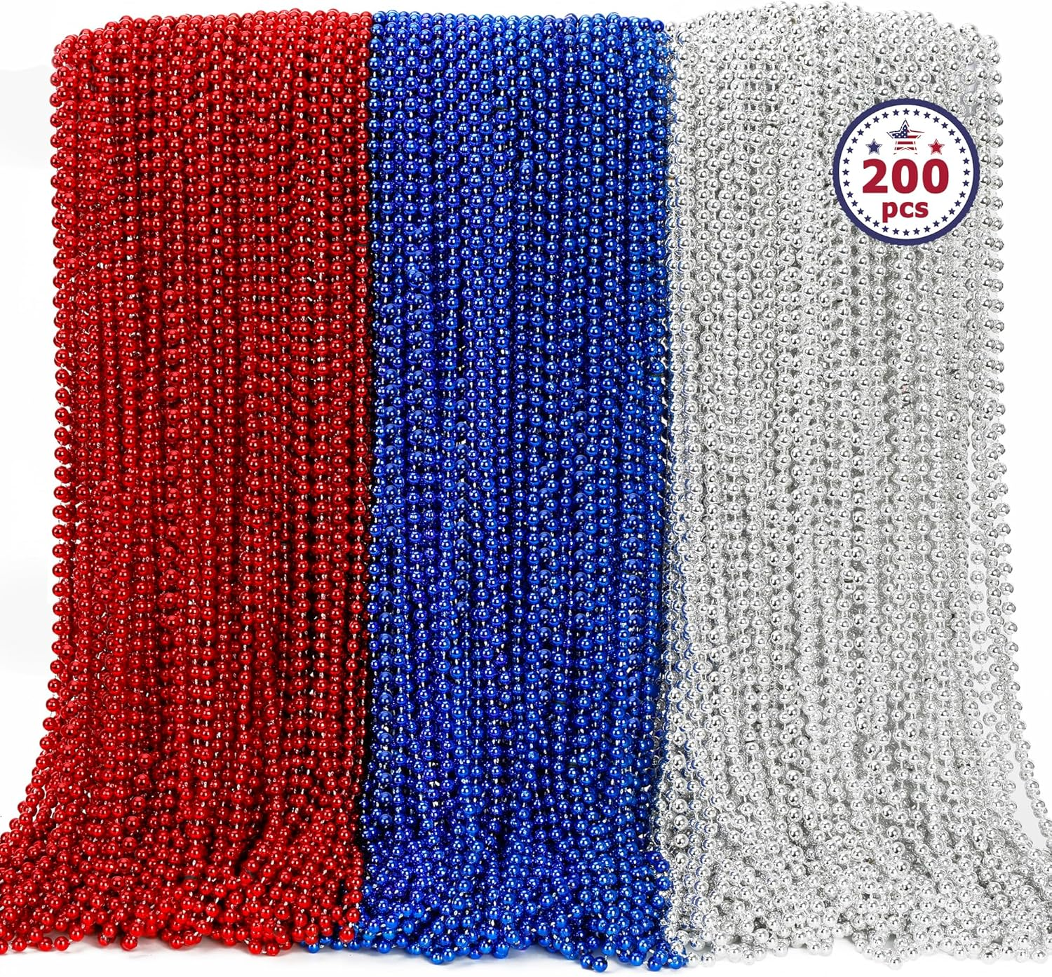 4Th of July Necklace, 200PCS Independence Day Beads Necklace Accessories, Fourth of July Red Blue Silver Bulk, Beads Bulk for Patriotic Parade Party Celebration Favors Decorations
