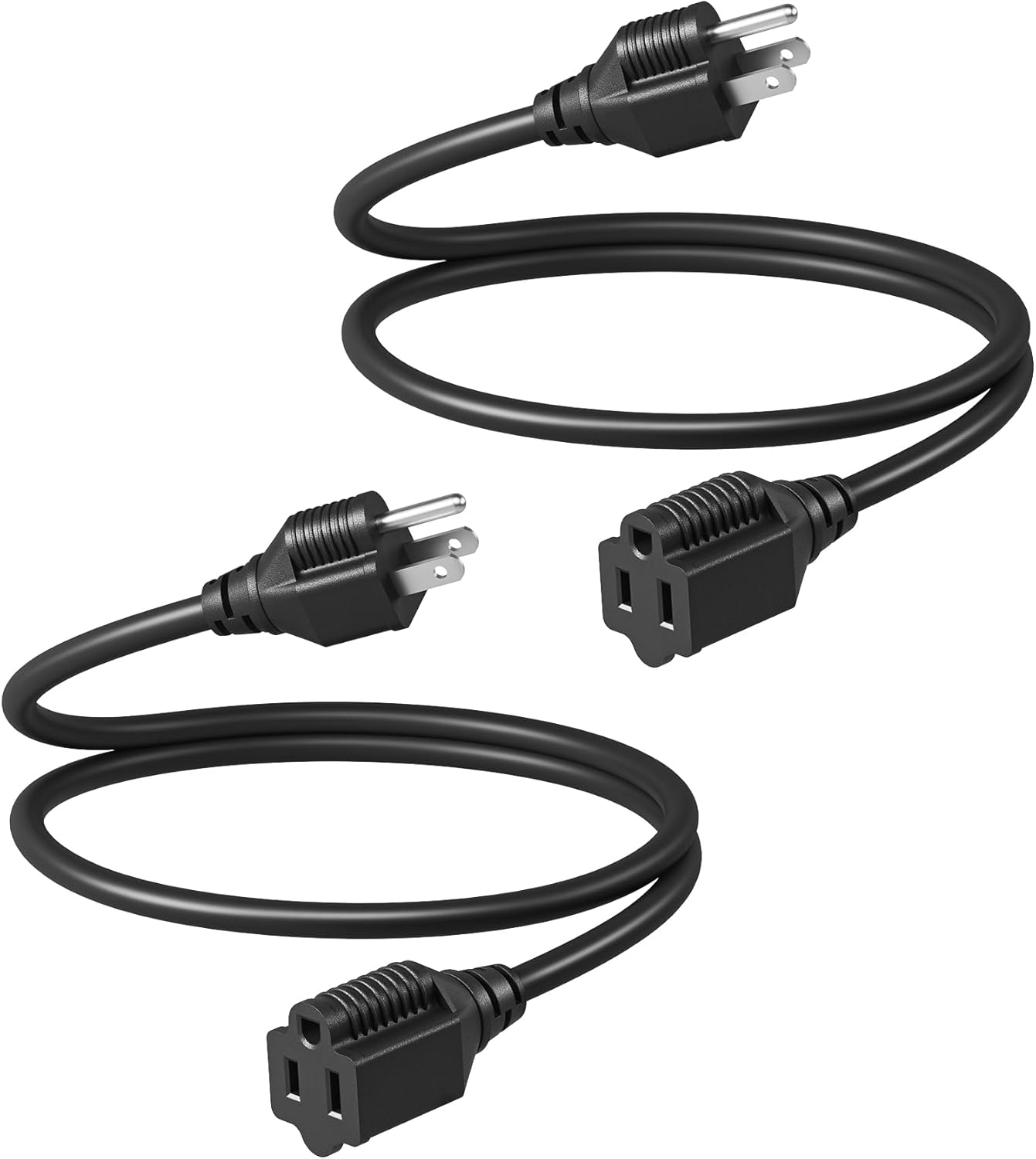 3 Foot Extension Cord, 16 AWG SJTW Weatherproof Power Cable for Indoor Outdoor Use, 3 Prong Grounded Outlets Plugs, NEMA 5-15P to NEMA 5-15R, Black, UL Listed, 2 Pack
