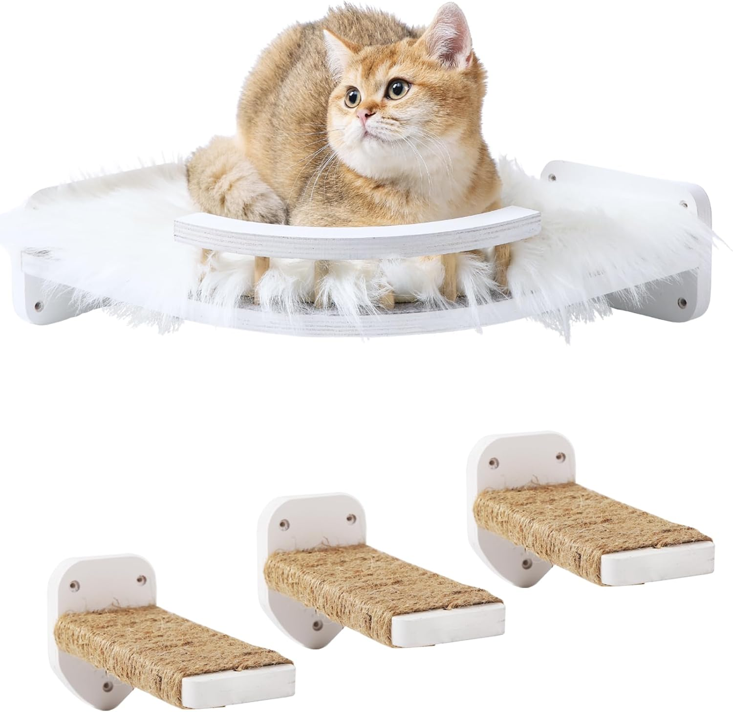 Cat Wall Shelves, Cat Shelves and Perches for Wall, Cat Wall Furniture, Corner Cat Shelf with 3 Steps Scratch Post, Cat Bed Hammock with Plush Covered, Climbing Shelf for Indoor Cats (White)