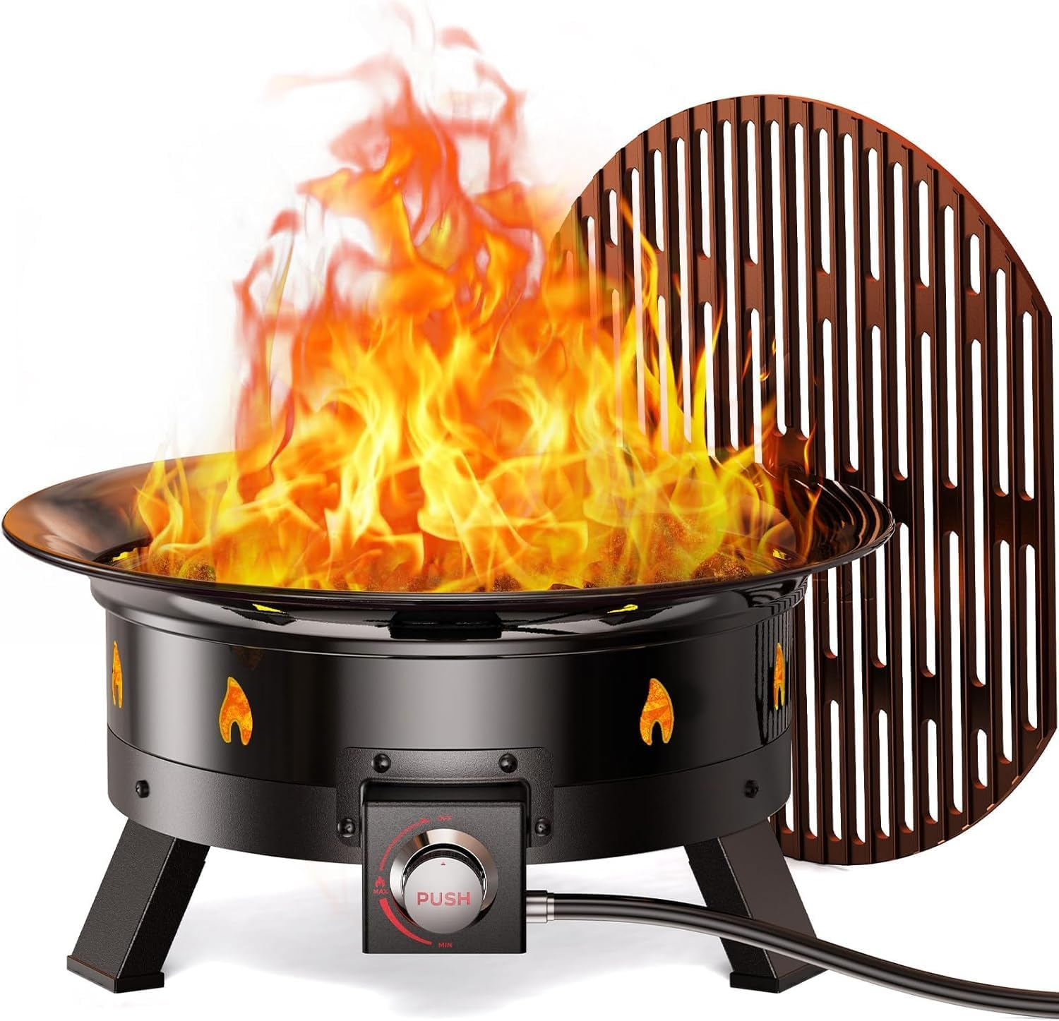 Large Propane Fire Pit 19 Inch, Gas Fire Pit with Grill Grate, Folding Legs, Hose Hooks, Propane Tank Holder, Cover & Carry Strap, Portable Outdoor Fire Pit for Camping, 58,000 BTU