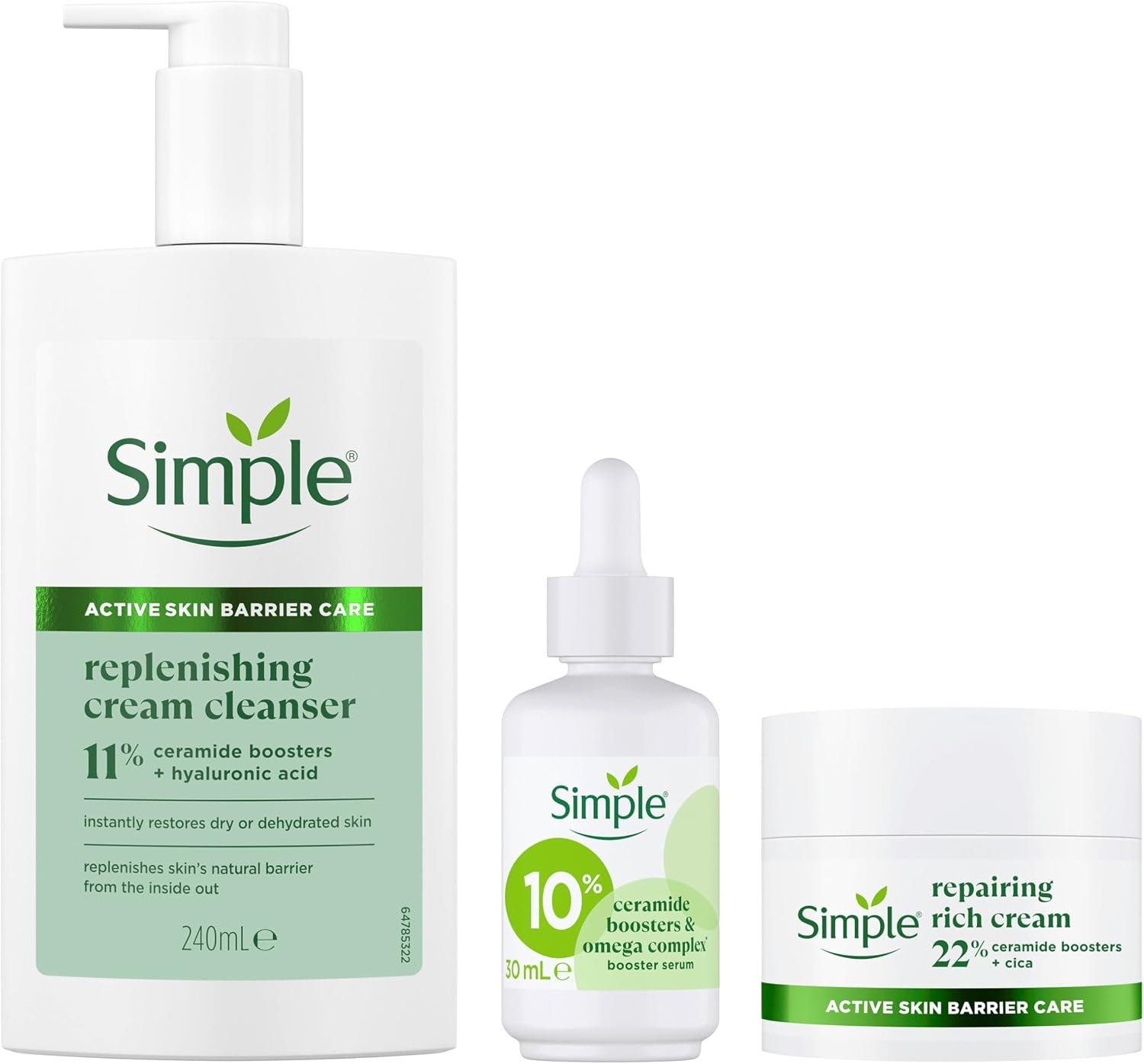 Simple Active Skin Barrier Care Bundle: Replenishing Cream Cleanser, 10% Ceramide & Omega Serum, Repairing Rich Face Cream – Hydrates Dry Skin & Strengthens Skin Barrier for Healthier Skin
