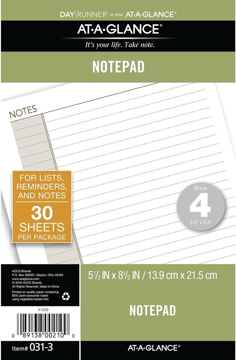 Day Runner Lined Notepad Pages, 87275 DAY-TIMER, Refill, Loose-Leaf, Undated, for Planner, 5-1/2